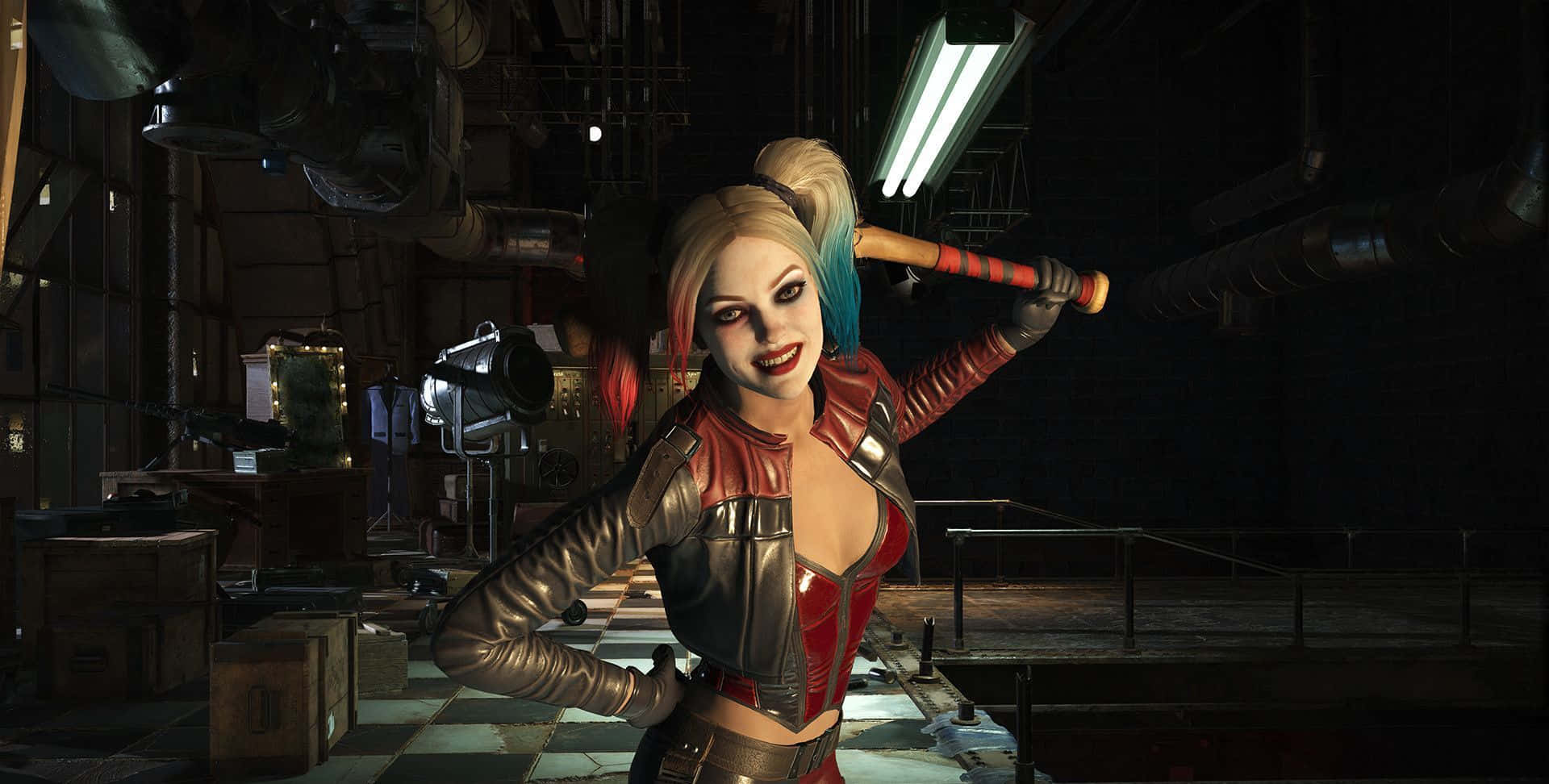 Harley Quinn Baseball Bat 桌布 壁紙 — 哈莉·奎茵在昏暗的工業倉庫中自信地擺姿勢，肩上扛著一支棒球棍。