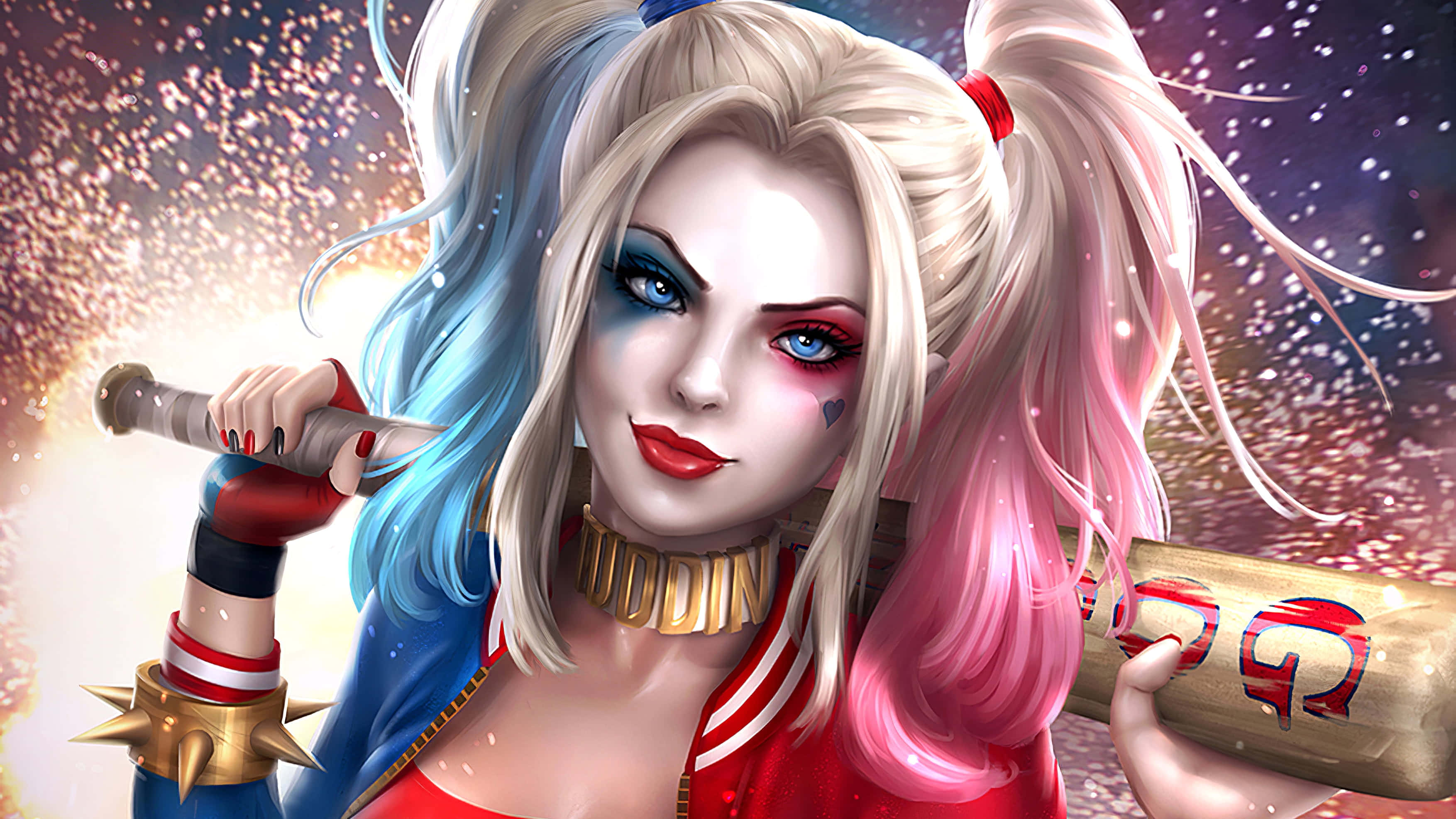 Harley Quinn Baseball Bat 桌布 壁紙 — 哈莉·奎茵在閃爍的宇宙背景下揮舞球棒和刀，擁有充滿活力的粉藍色頭髮和大膽的妝容。