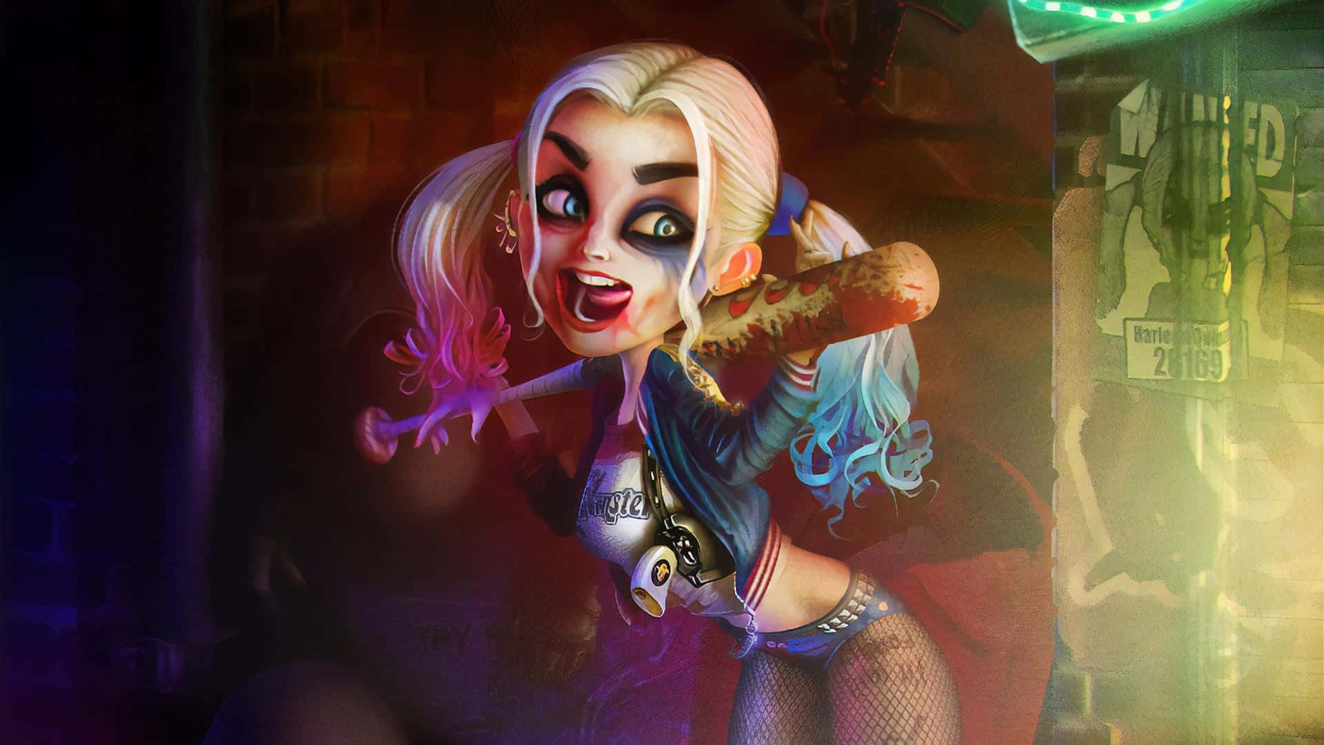Harley Quinn Baseball Bat 桌布 壁紙 — 哈莉·奎茵在霓虹燈小巷中狂笑，手持棒球棍，身後有塗鴉和通緝海報。