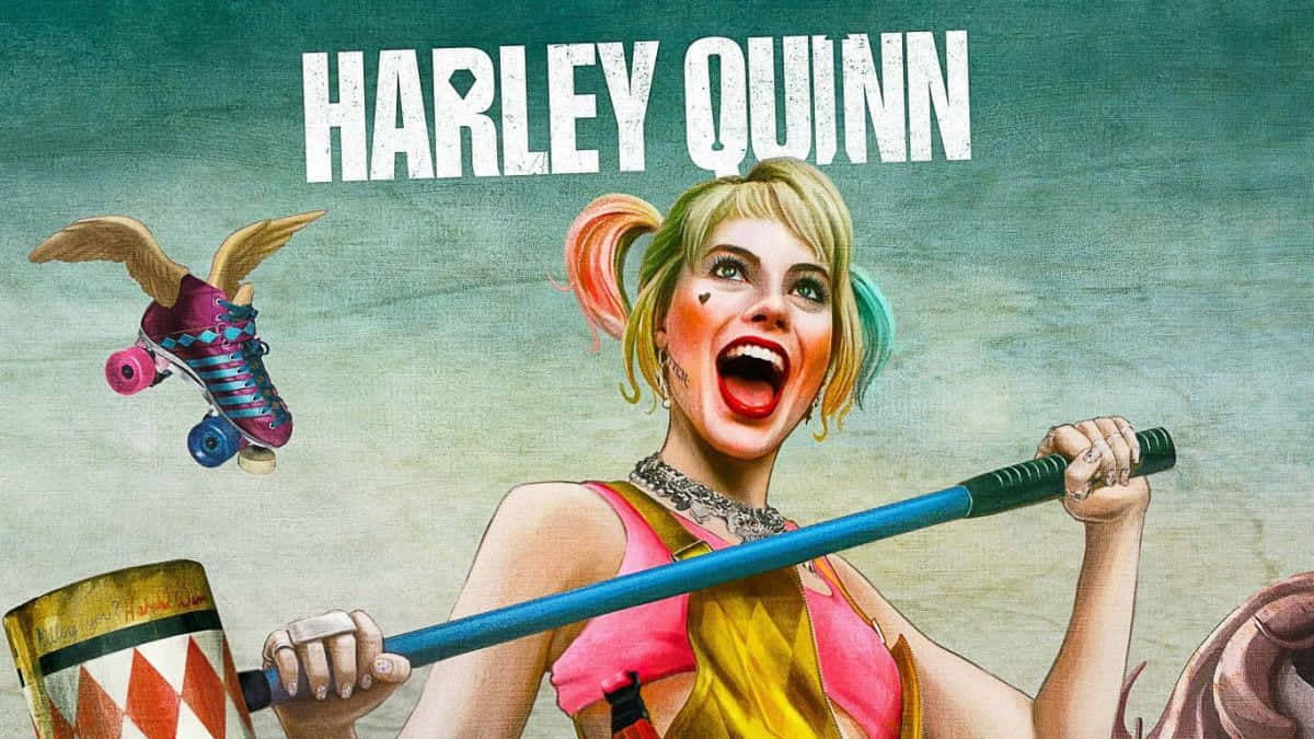 Harley Quinn Hammer 桌布 壁紙 — 哈莉·奎茵在青綠色背景前，狂野地笑著揮舞一個大錘，旁邊有一個飛行的滾軸溜冰鞋。