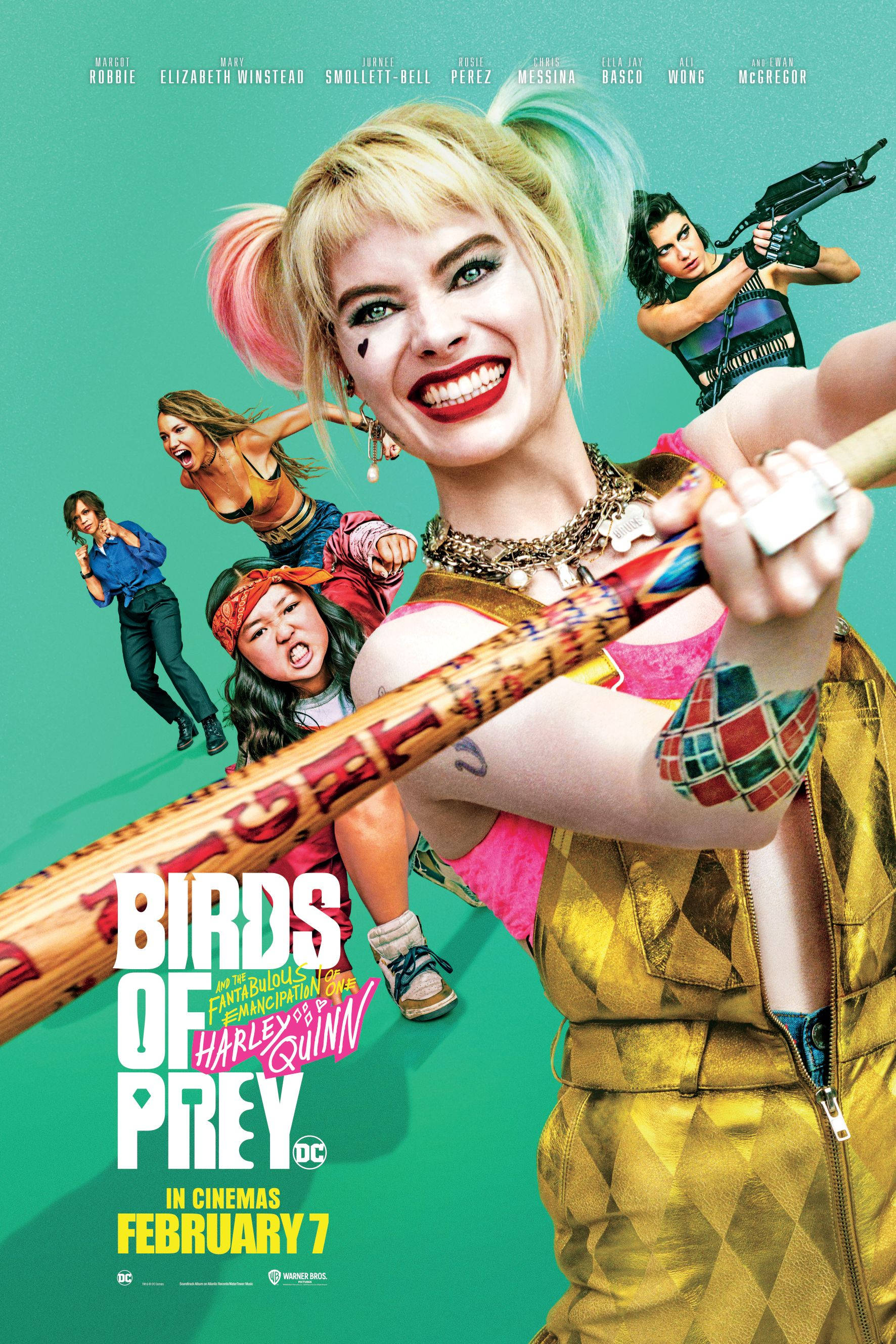 birds 桌布 壁紙 — 哈莉·奎茵在青綠色背景前，被她的混亂小隊包圍，狂野地揮舞著棒球棍咧嘴大笑。
