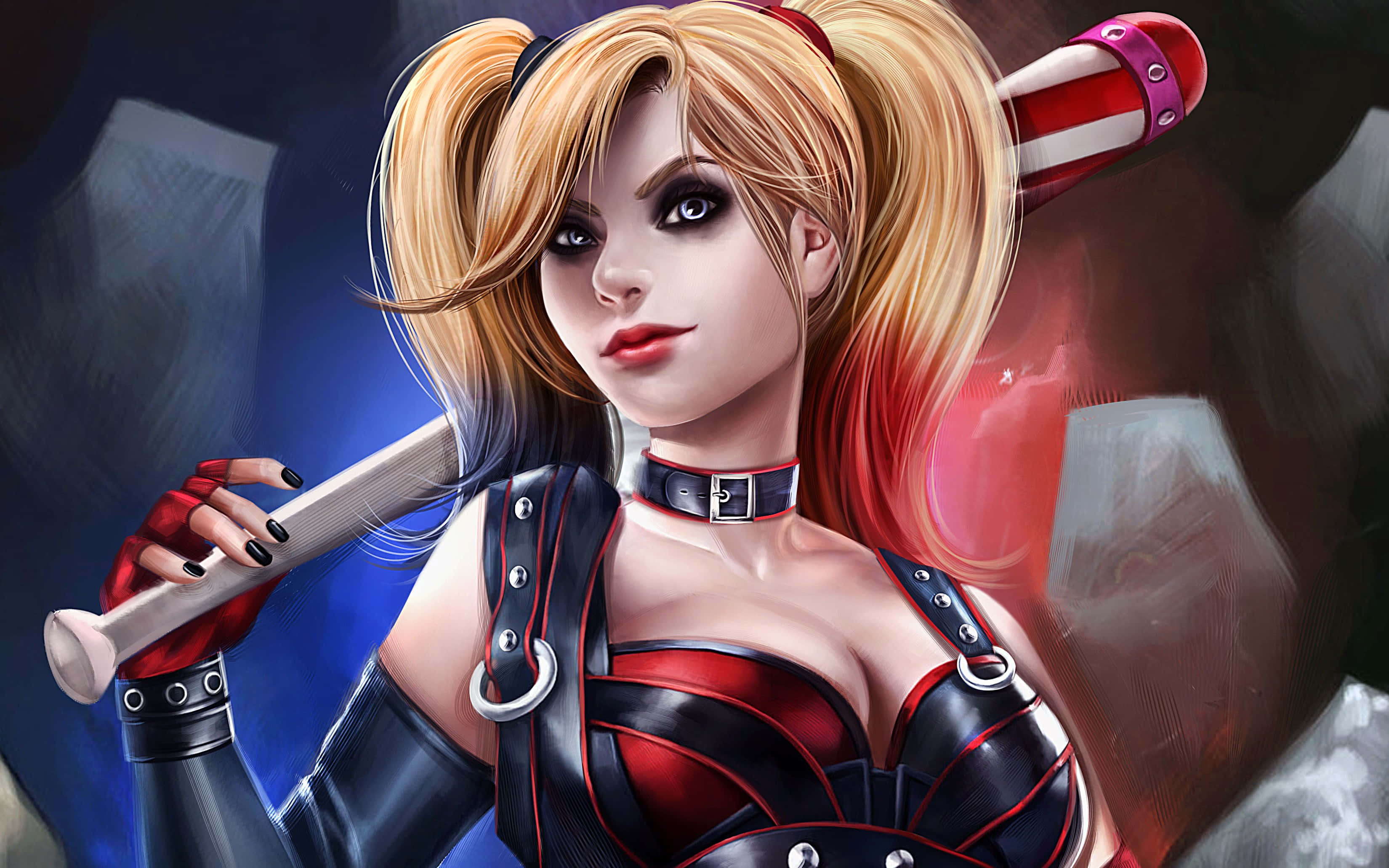 Harley Quinn Baseball Bat 桌布 壁紙 — 哈莉·奎茵在黑暗抽象背景前自信地微笑，手持棒球棍。