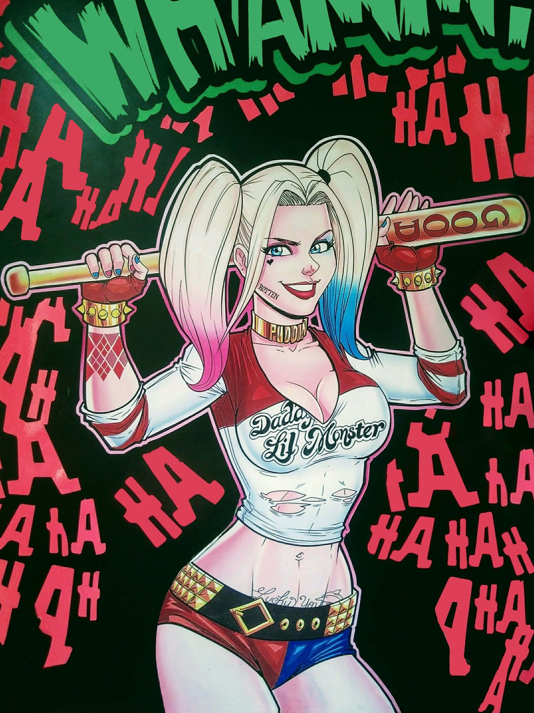 Harley Quinn Baseball Bat 桌布 壁紙 — 哈莉·奎茵在黑色背景上揮舞著棒球棍，周圍是紅色和綠色的「HA HA」文字混亂爆炸。