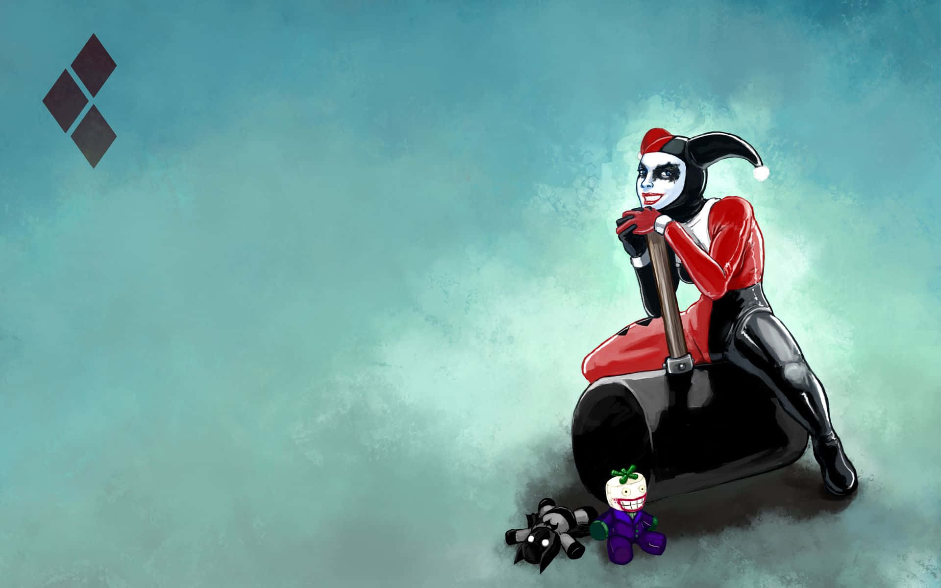 Original Harley Quinn 桌布 壁紙 — 哈莉·奎茵坐在垃圾桶上，手持球棒，旁邊有一個小丑娃娃，背景是青綠色的紋理背景。