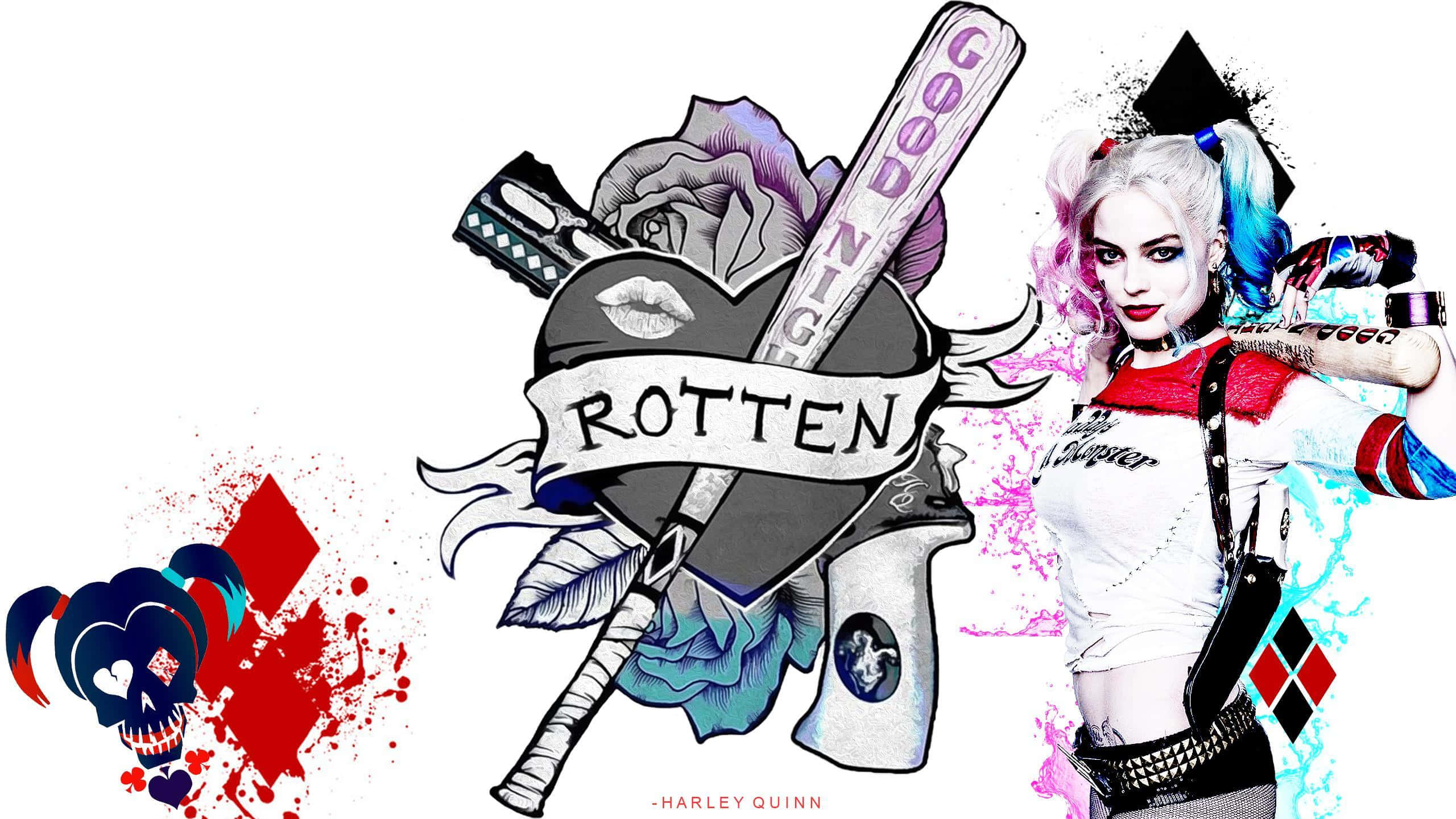 Harley Quinn Baseball Bat 桌布 壁紙 — 哈莉·奎茵大膽地站立，交叉的棒球棍和玫瑰，身穿標誌性小丑服裝，背景為白色。