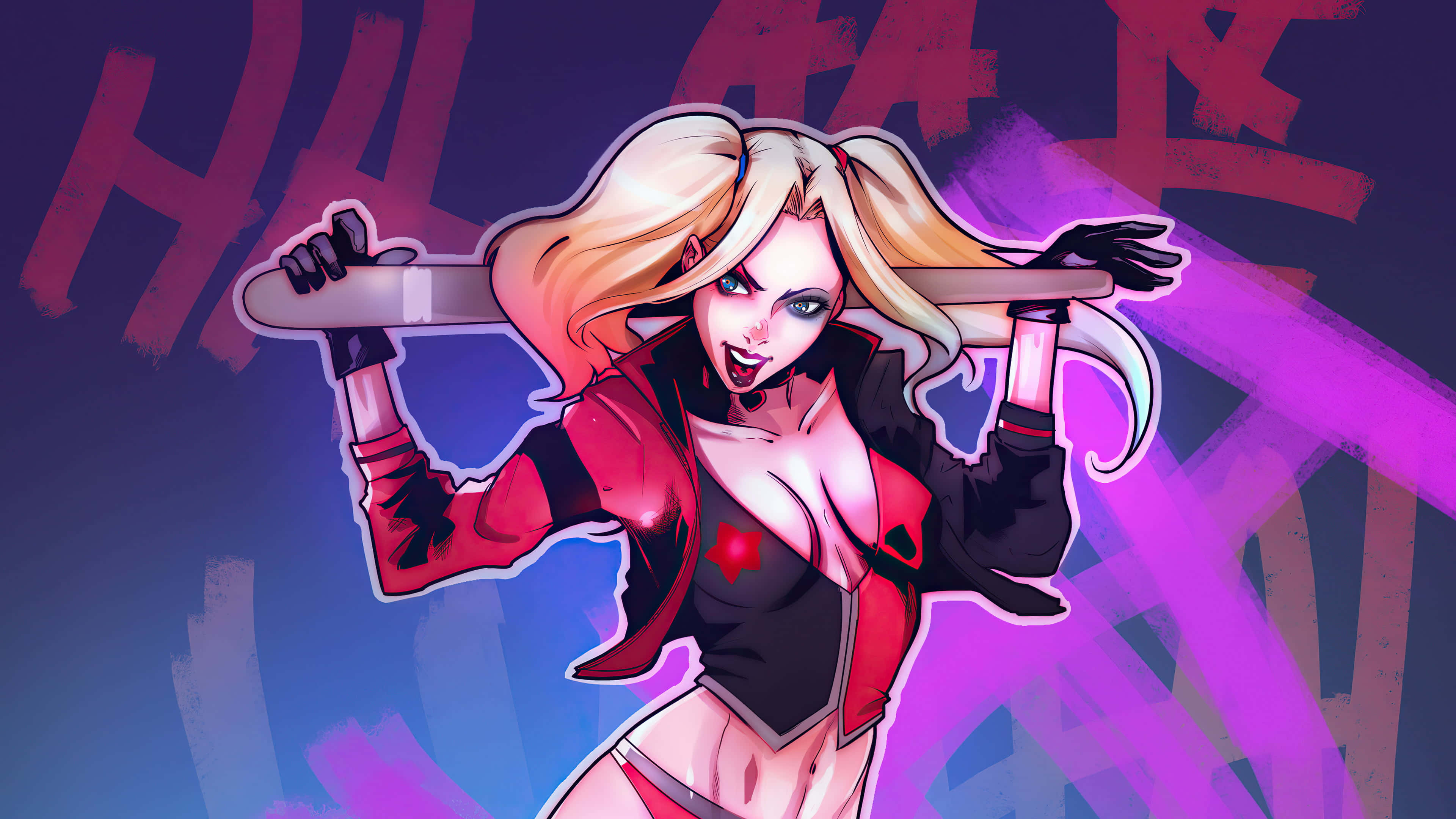 Harley Quinn Baseball Bat 桌布 壁紙 — 哈莉·奎茵揮舞著棒球棍，在塗鴉斑駁的紫色和藍色背景前咧嘴而笑。