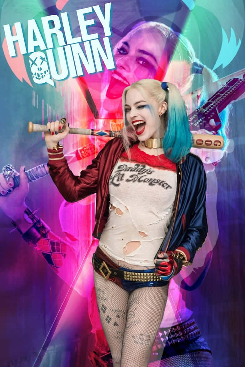 Harley Quinn Suicide Squad 桌布 壁紙 — 哈莉·奎茵狂野地咧嘴笑著，揮舞著棒球棍，對著她臉部和武器的鮮豔霓虹拼貼畫。