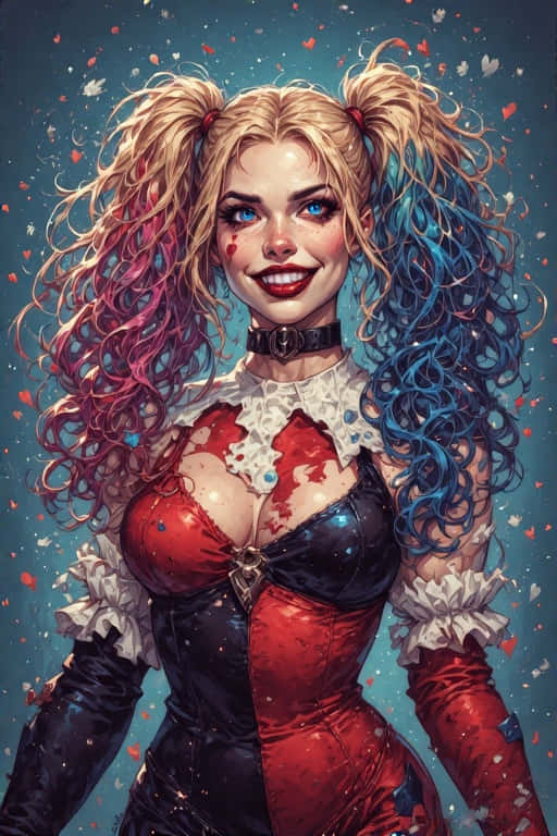 Harley Quinn Love & Madness – 4K 壁紙 — 哈莉·奎茵的鮮豔插圖，頭髮一半紅色一半藍色紮成雙馬尾，穿著帶白色荷葉邊和頸鏈的紅黑束身衣，背景為藍綠色，有愛心飄落。