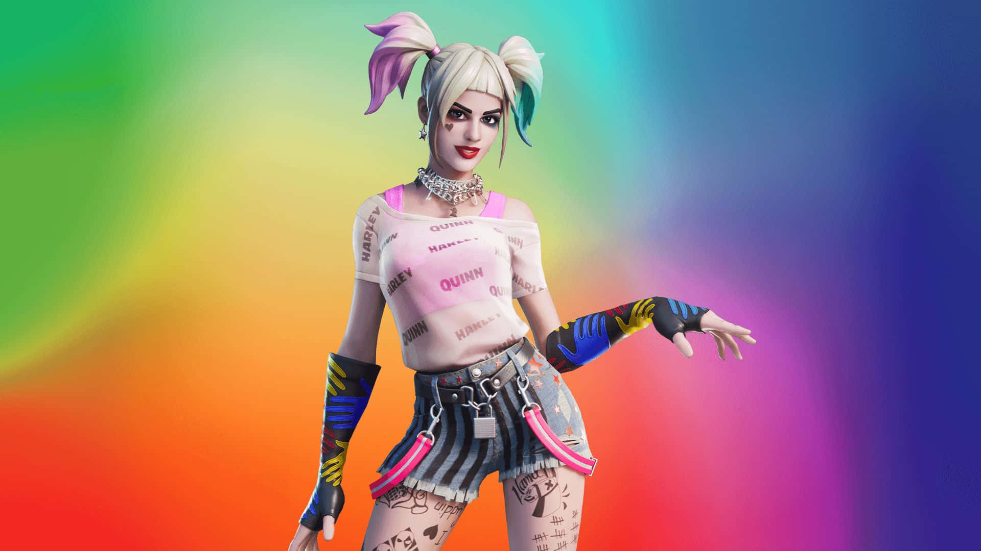 Fortnite 桌布 壁紙 — 哈莉·奎茵的鮮豔數位肖像，背景為彩色漸層，展現大膽時尚與俏皮姿勢。