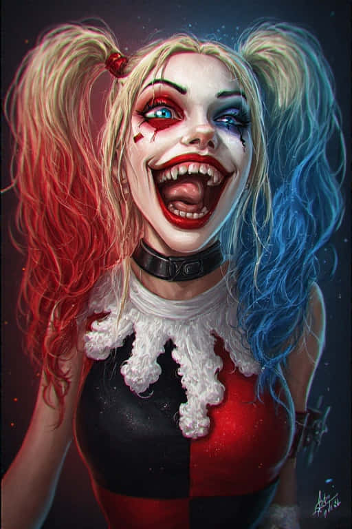 Harley Quinn Love & Madness – 4K 壁紙 — 哈莉·奎茵的鮮豔數位肖像，頭髮半紅半藍，在黑暗星空背景下露出狂野的笑容。