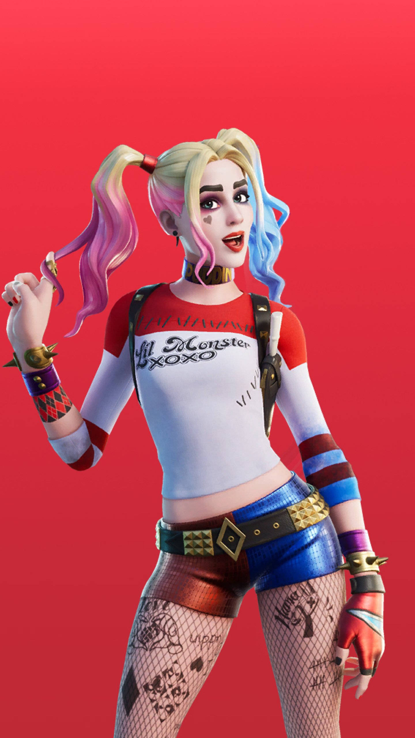 Fortnite Skins 桌布 壁紙 — 哈莉·奎茵穿著標誌性服裝，在純紅色背景前自信擺姿勢，擁有鮮豔的頭髮和刺青。