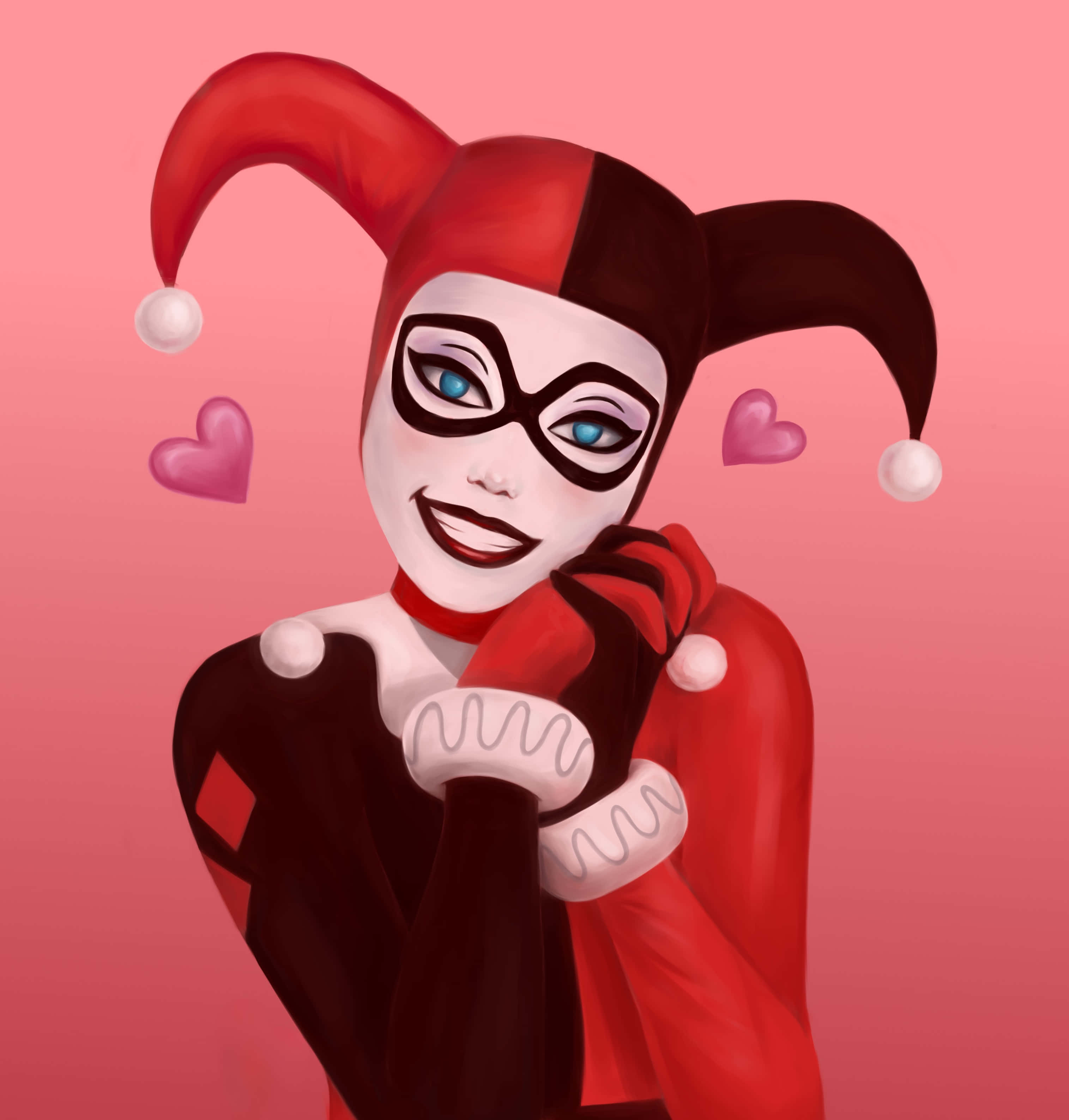 Classic Harley Quinn 桌布 壁紙 — 哈莉·奎茵穿著標誌性的小丑服，在帶有漂浮心形的柔和粉紅色背景上頑皮地微笑。