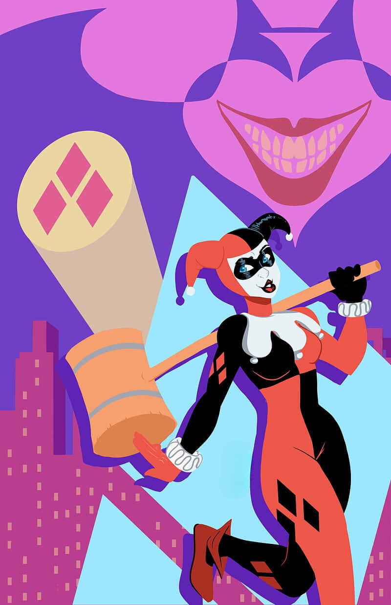 Classic Harley Quinn 桌布 壁紙 — 哈莉·奎茵穿著標誌性的小丑服裝，揮舞棒球棍，背景是風格化的紫色城市景觀，上方有一個巨大的咧嘴笑臉。