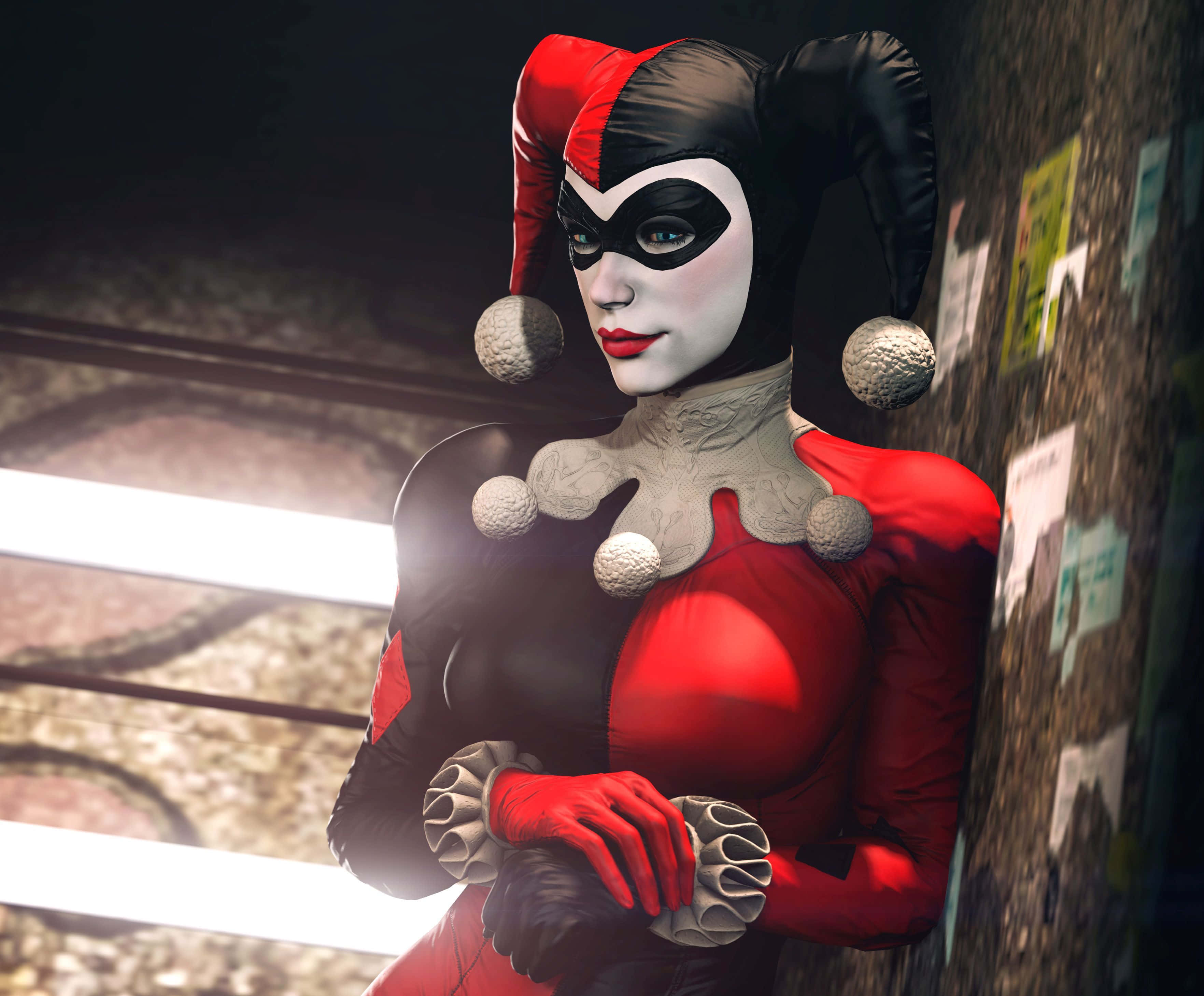Original Harley Quinn 桌布 壁紙 — 哈莉·奎茵穿著標誌性的紅黑小丑服，在刺眼的螢光燈下靠著佈滿塗鴉的牆壁。