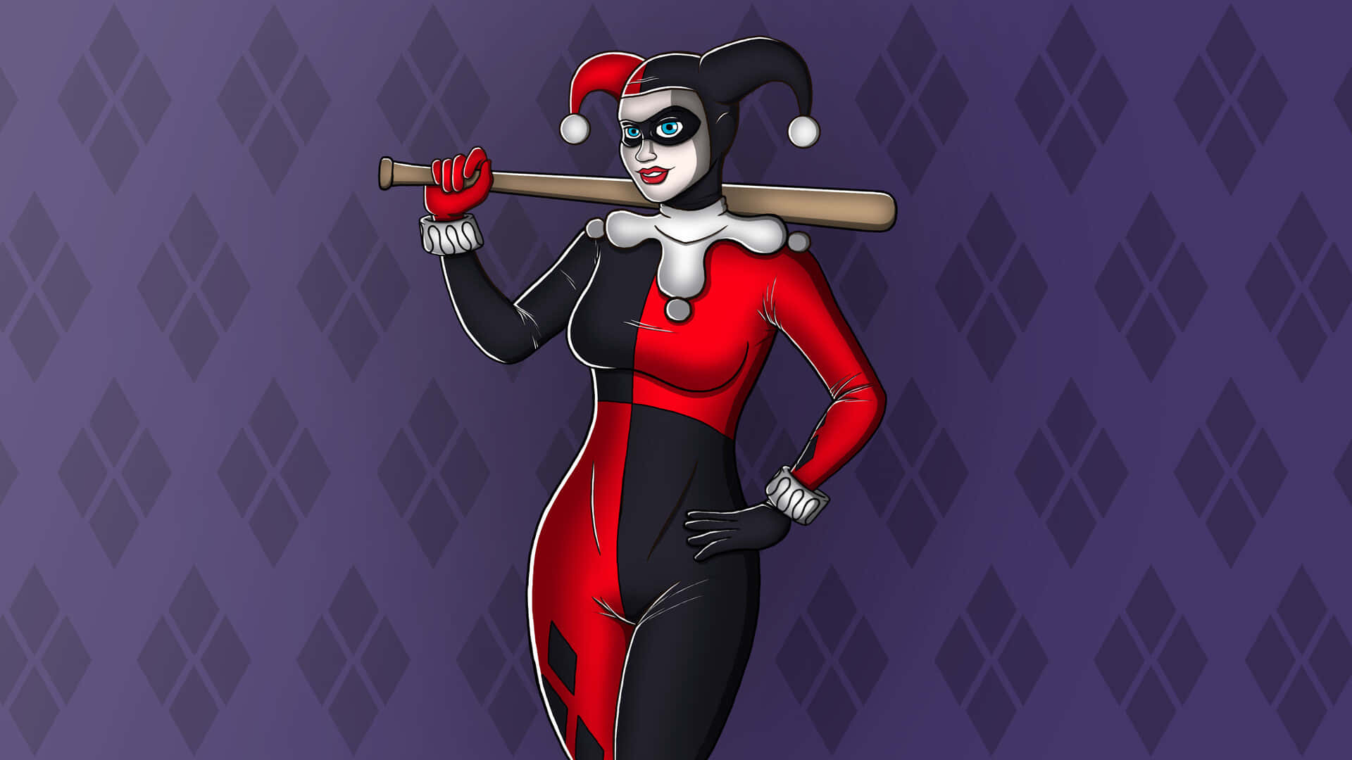 Classic Harley Quinn 桌布 壁紙 — 哈莉·奎茵穿著標誌性的紅黑小丑服，在紫色菱形圖案背景前將棒球棍扛在肩上。