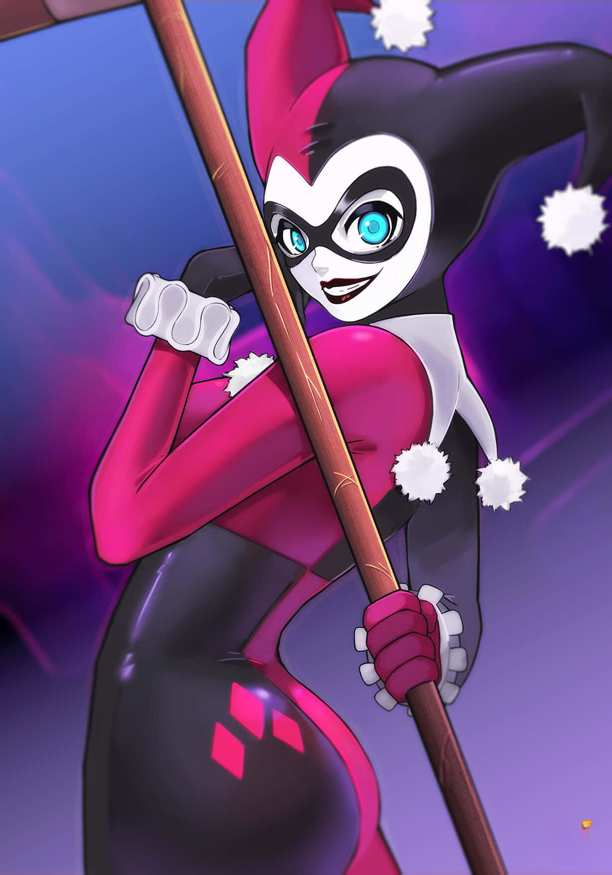 Classic Harley Quinn 桌布 壁紙 — 哈莉·奎茵穿著節日小丑服裝，在充滿活力的紫色背景前拿著一根桿子。