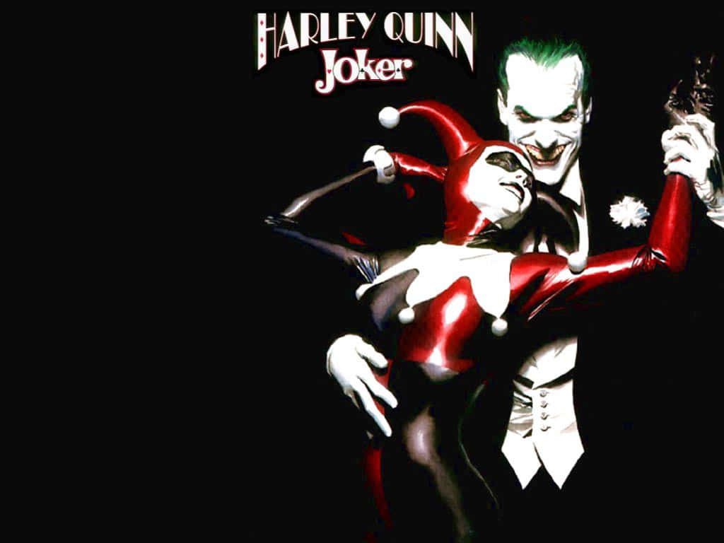 The Joker Comic 桌布 壁紙 — 哈莉·奎茵穿著紅色小丑服裝，緊貼著穿著白色西裝的小丑，背景為黑色，帶有粗體文字。