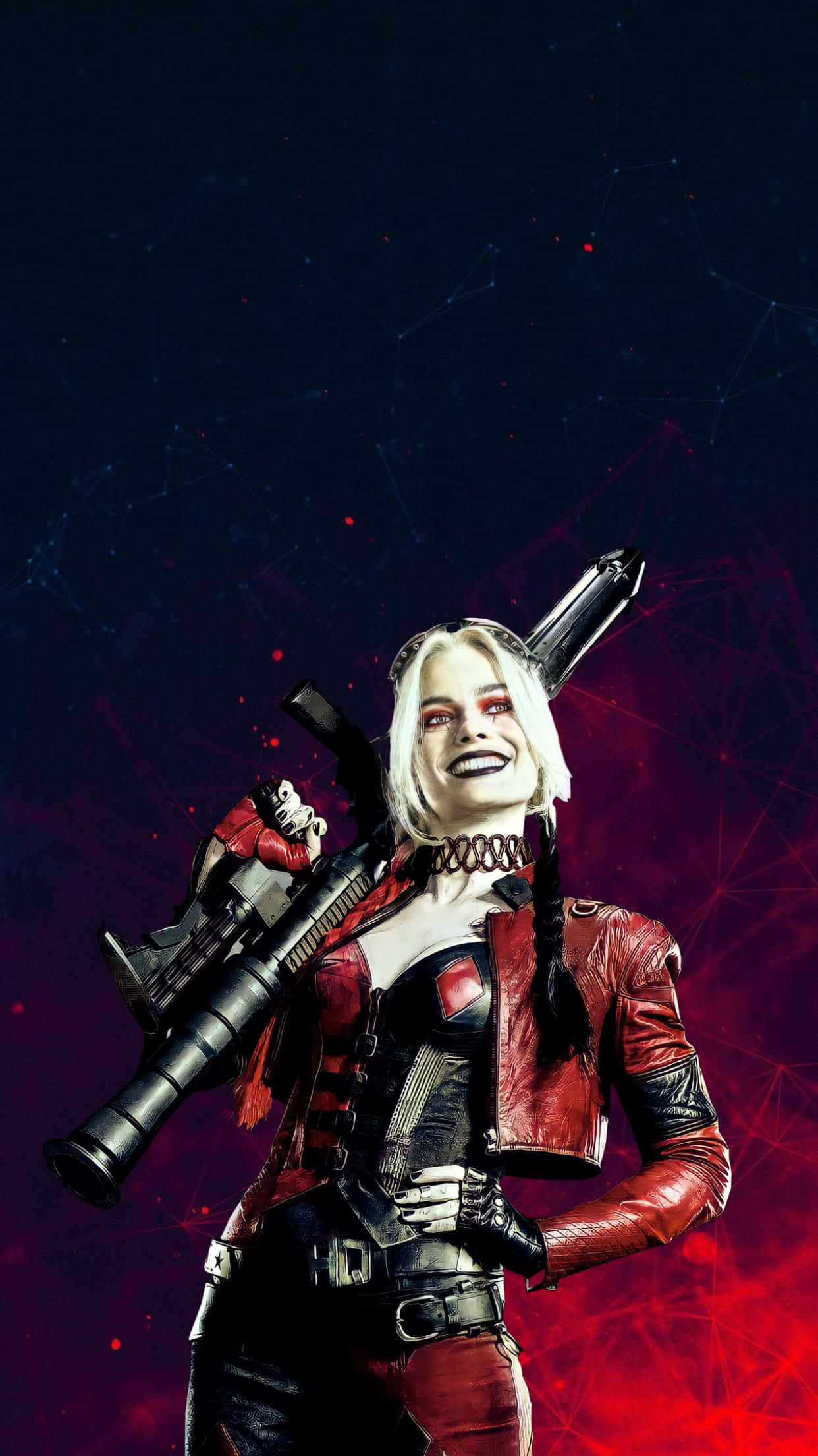 Margot Robbie Harley Quinn 桌布 壁紙 — 哈莉·奎茵穿著紅色皮衣，手持火箭筒，在黑暗宇宙背景與紅色能量爆發中狂野地咧嘴而笑。