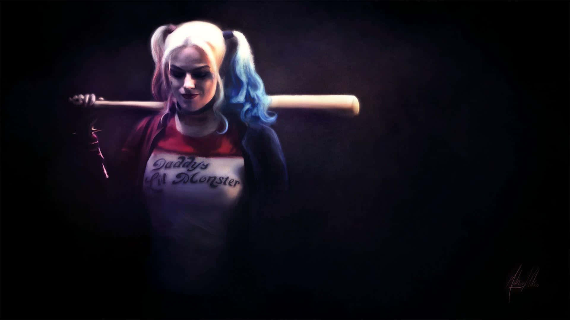 The Suicide Squad 桌布 壁紙 — 哈莉·奎茵站在陰影中，肩上扛著一支棒球棍，一側頭髮染成藍色。