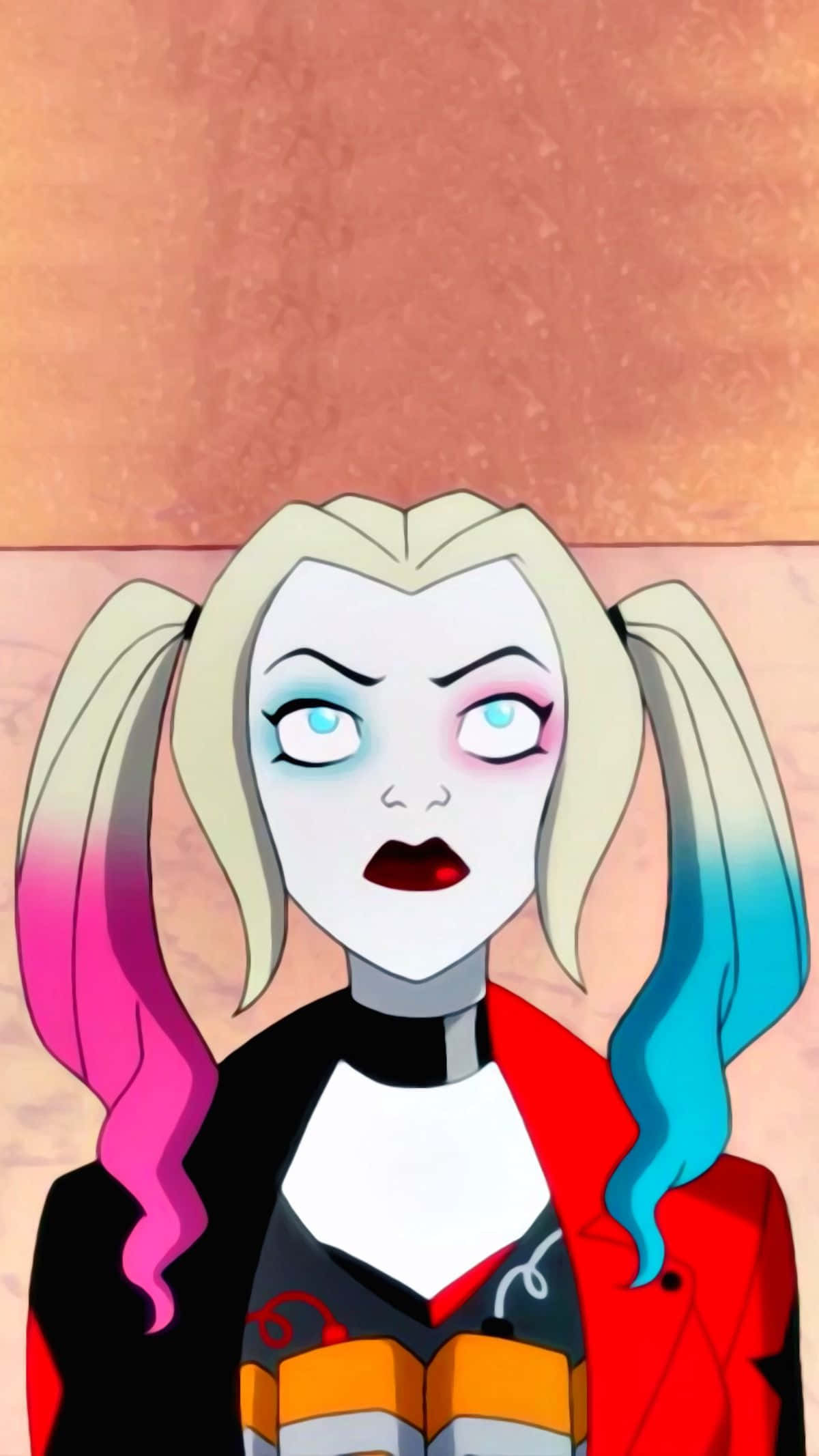 Harley Quinn Anime Series 桌布 壁紙 — 哈莉·奎茵紮著粉紅和藍色雙馬尾，在風格化的動畫肖像中凝視著。