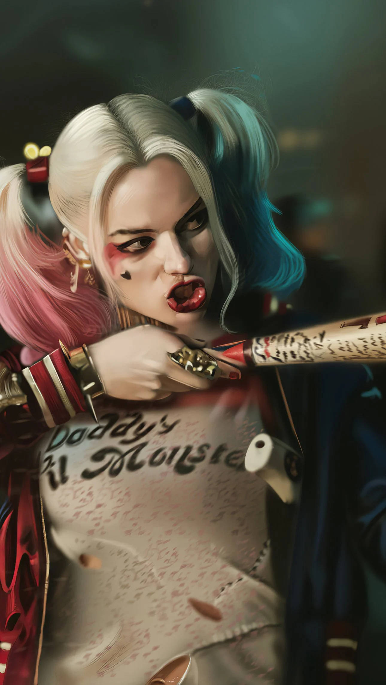 Harley 桌布 壁紙 — 哈莉·奎茵紮著粉紅和藍色雙馬尾，揮舞著棒球棍，身穿破爛襯衫，胸前印有「Daddy's Lil Monster」字樣。