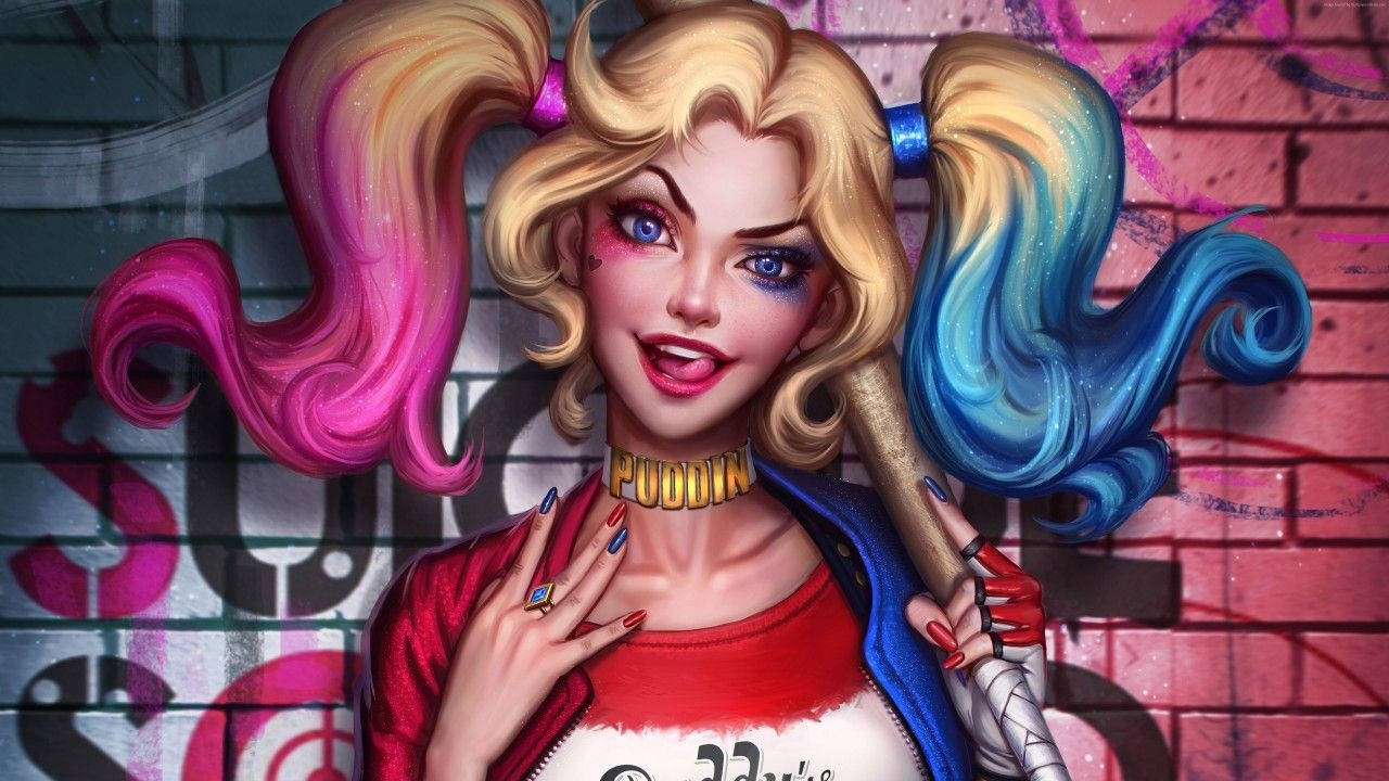 Harley 桌布 壁紙 — 哈莉·奎茵紮著粉紅和藍色雙馬尾，微笑著站在塗鴉磚牆前，手持棒球棍。