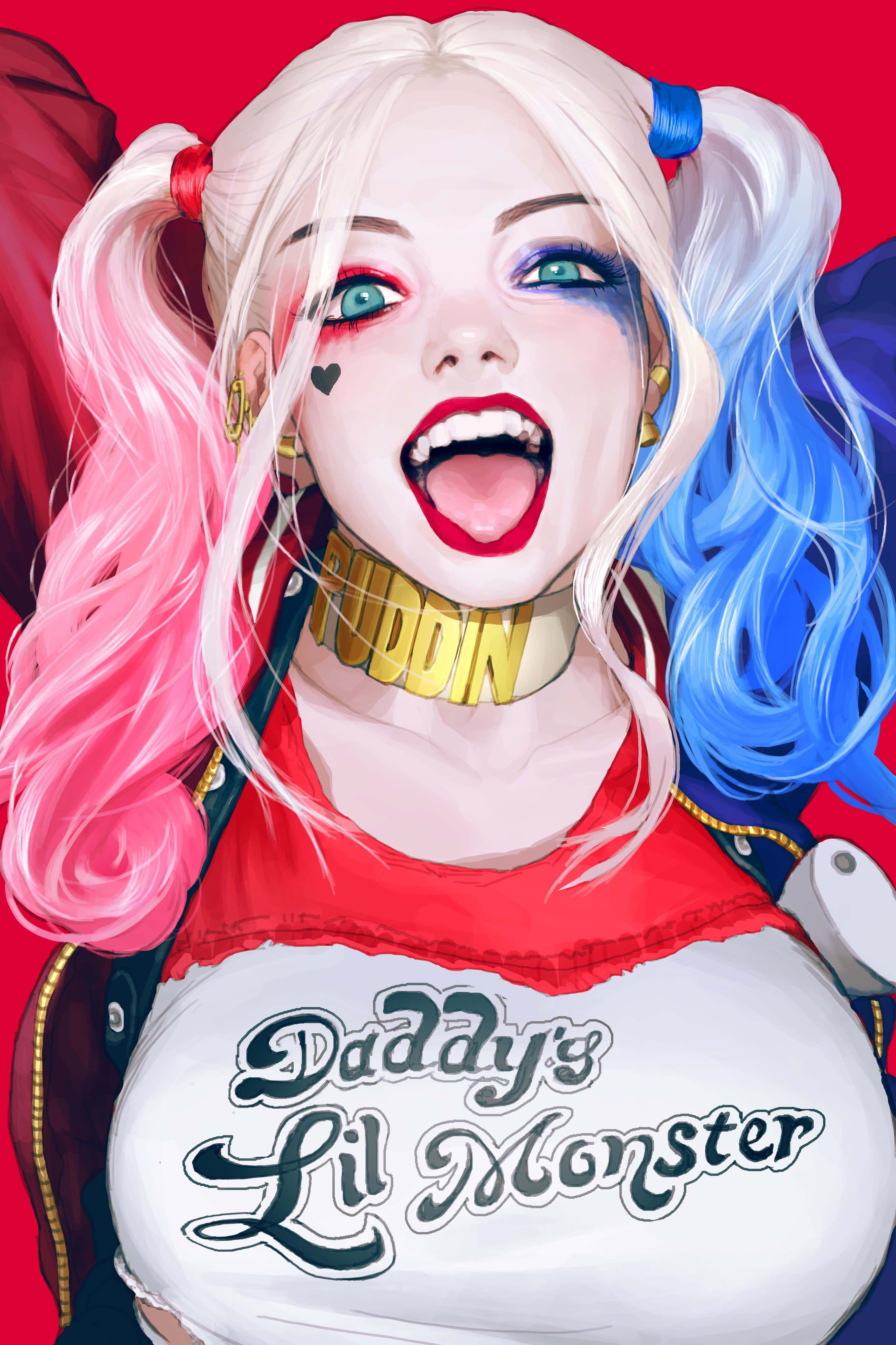 桌布 壁紙 — 哈莉·奎茵紮著粉藍色雙馬尾，身穿「Daddy's Lil Monster」T恤，背景為紅色。
