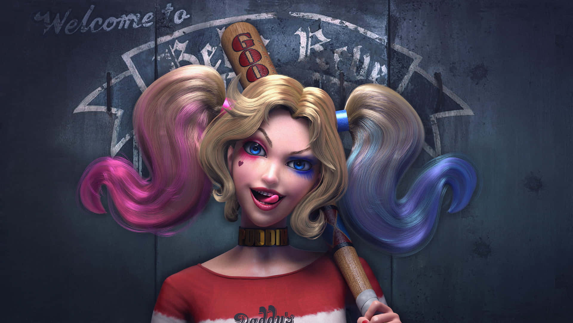 Harley Quinn Baseball Bat 桌布 壁紙 — 哈莉·奎茵綁著粉紅和藍色雙馬尾，手持棒球棍，靠在一面塗鴉牆上。
