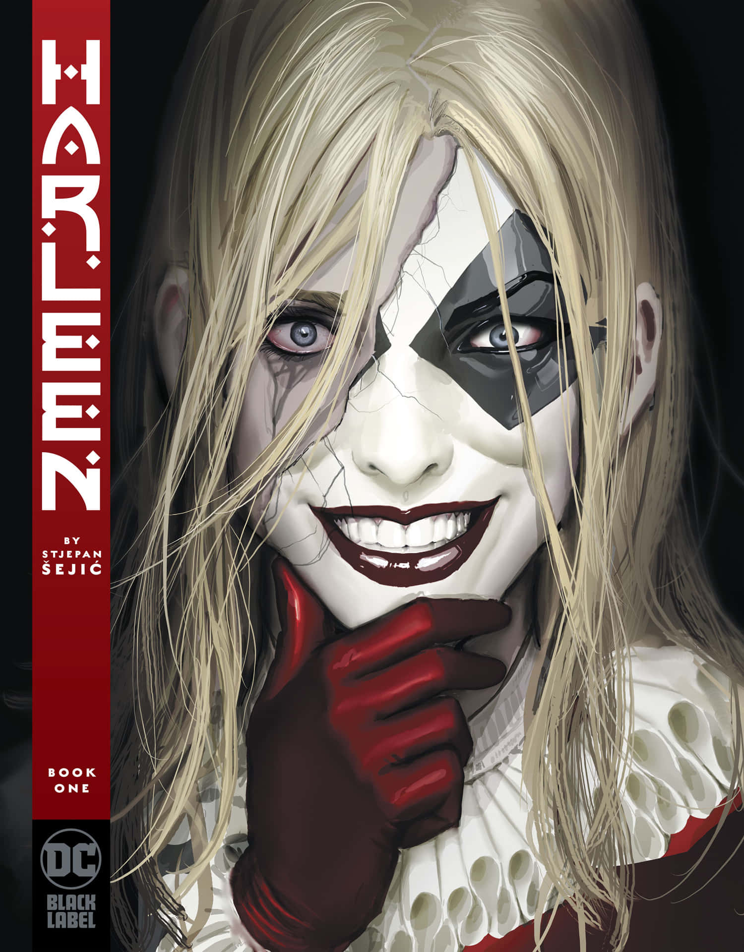 Harleen Quinzel 桌布 壁紙 — 哈莉·奎茵臉上帶有裂紋的白色顏料和紅色手套，在黑暗背景下露出威脅性的微笑。