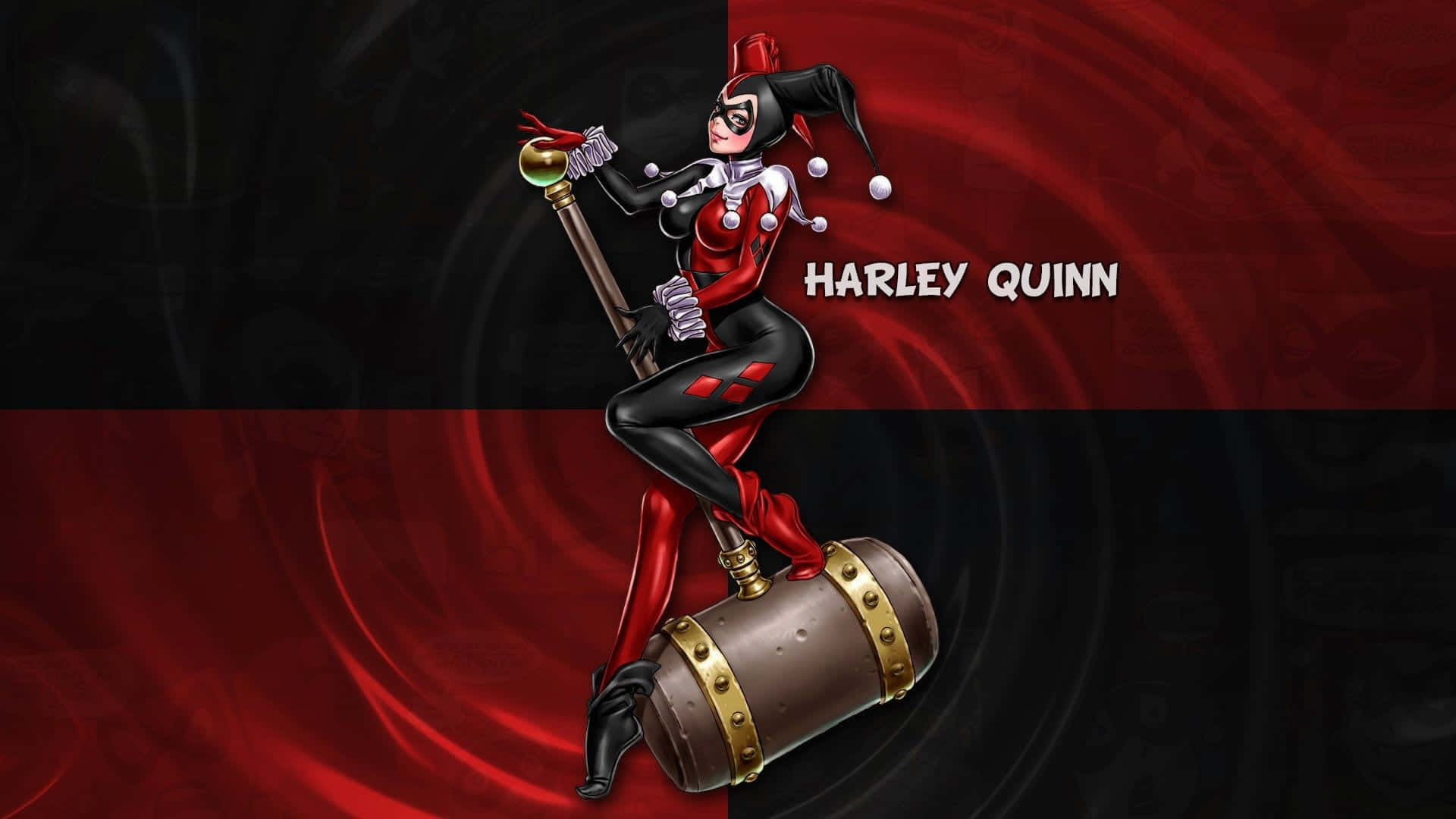 Harley Quinn Hammer 桌布 壁紙 — 哈莉·奎茵自信地坐在一個巨大的槌子上，背景是旋轉的紅色和黑色。