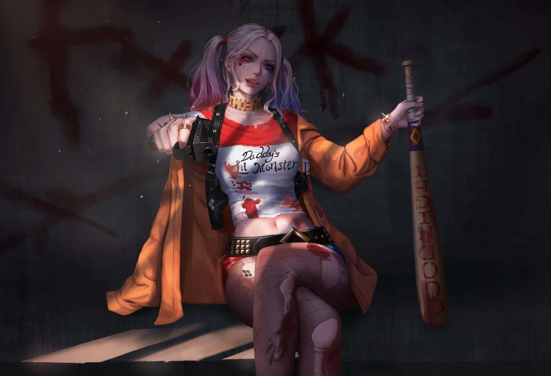 Harley Quinn Baseball Bat 桌布 壁紙 — 哈莉·奎茵自信地坐在黑暗的塗鴉牆前，手持棒球棍和相機，燈光效果戲劇化。