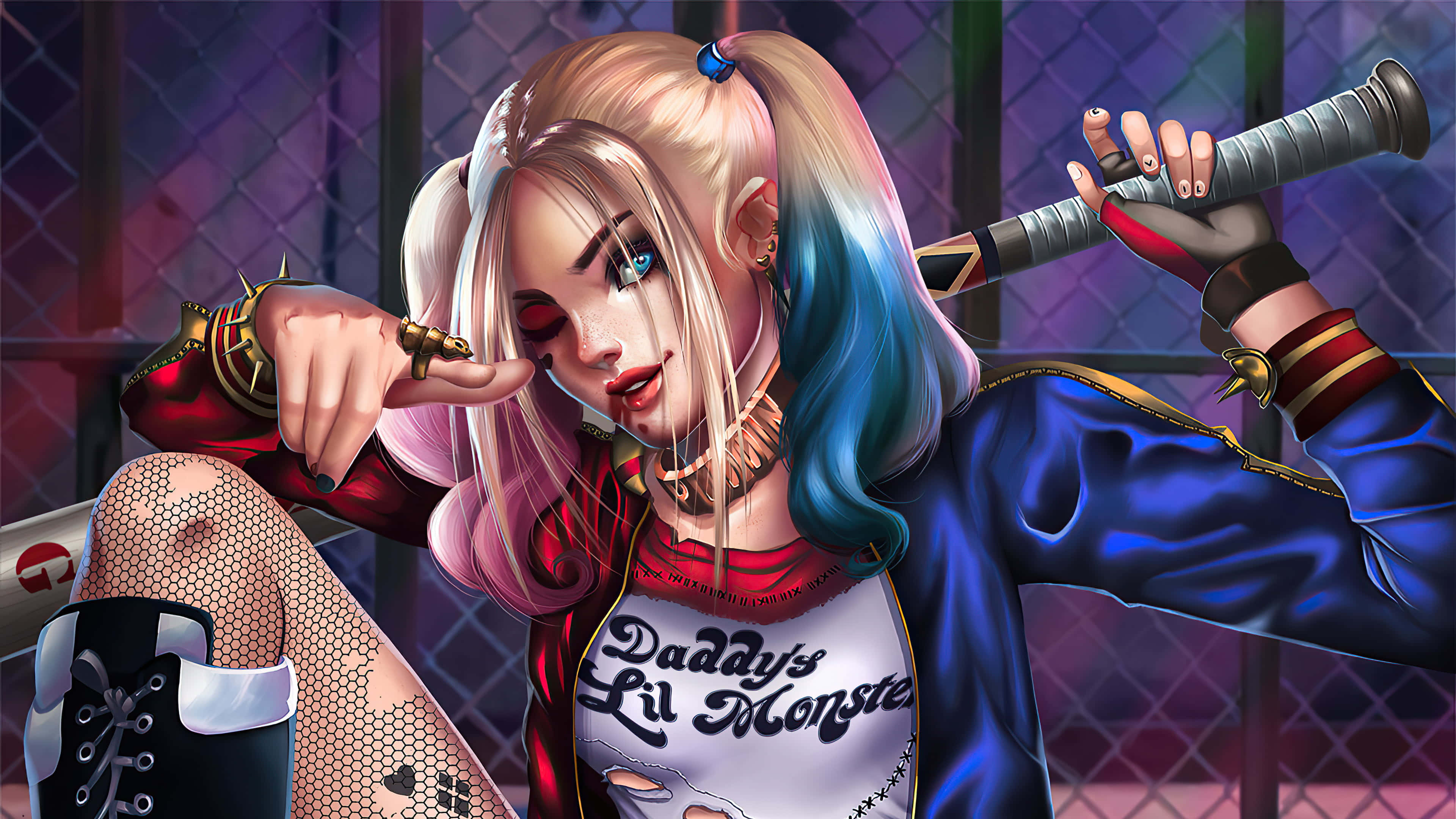 Harley Quinn Baseball Bat 桌布 壁紙 — 哈莉·奎茵自信地拿著棒球棍，以充滿活力的漫畫風格在鐵絲網圍欄背景下擺姿勢。
