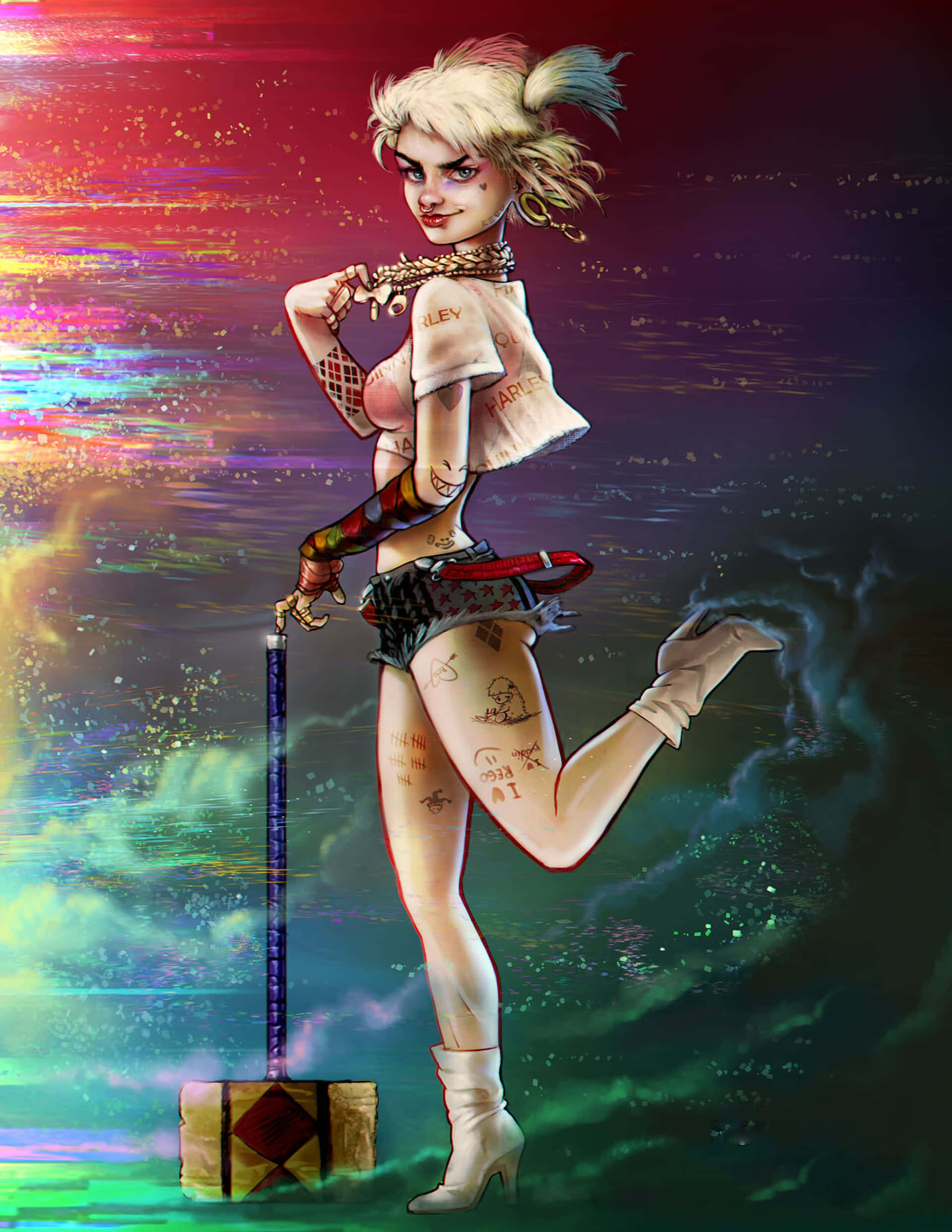 Harley Quinn Hammer 桌布 壁紙 — 哈莉·奎茵自信地擺姿勢，手持大錘，背景是充滿活力的故障宇宙背景。