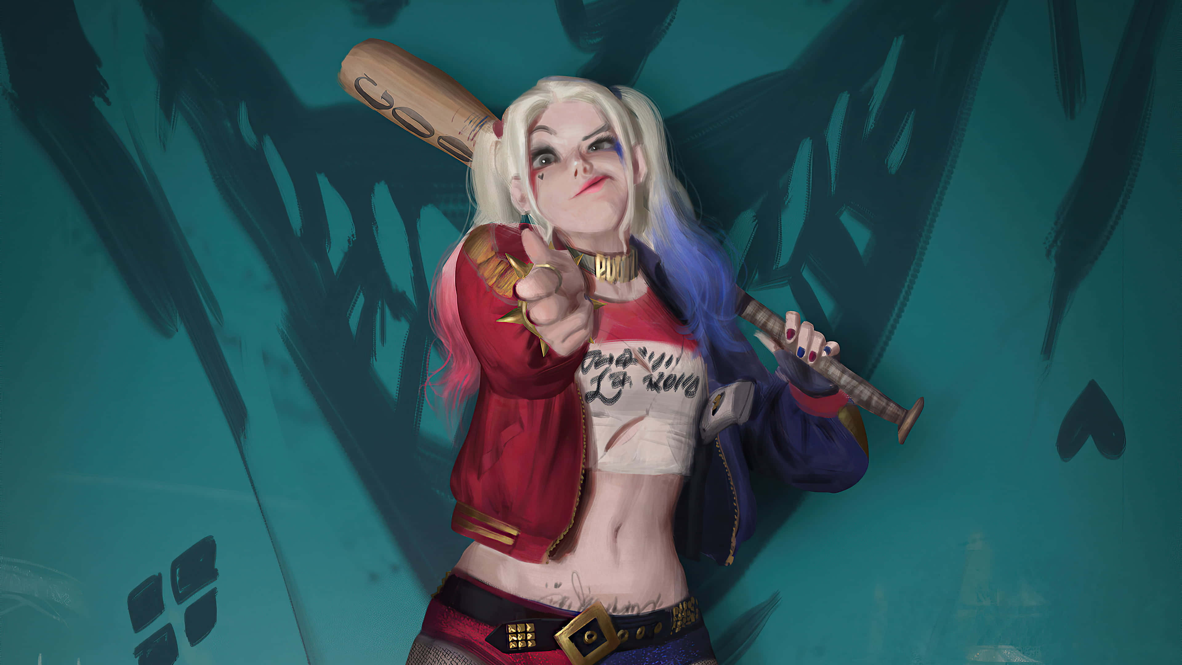 Harley Quinn Baseball Bat 桌布 壁紙 — 哈莉·奎茵自信地用棒球棍指向肩膀，背景是藍綠色塗鴉牆。
