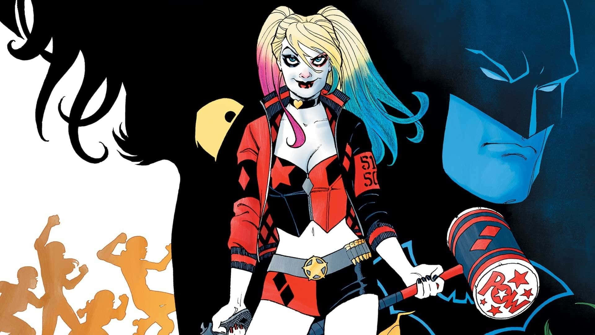 Harley Quinn Hammer 桌布 壁紙 — 哈莉·奎茵自信地穿著她的紅黑小丑服，手持大錘，蝙蝠俠的臉龐在她身後隱現。