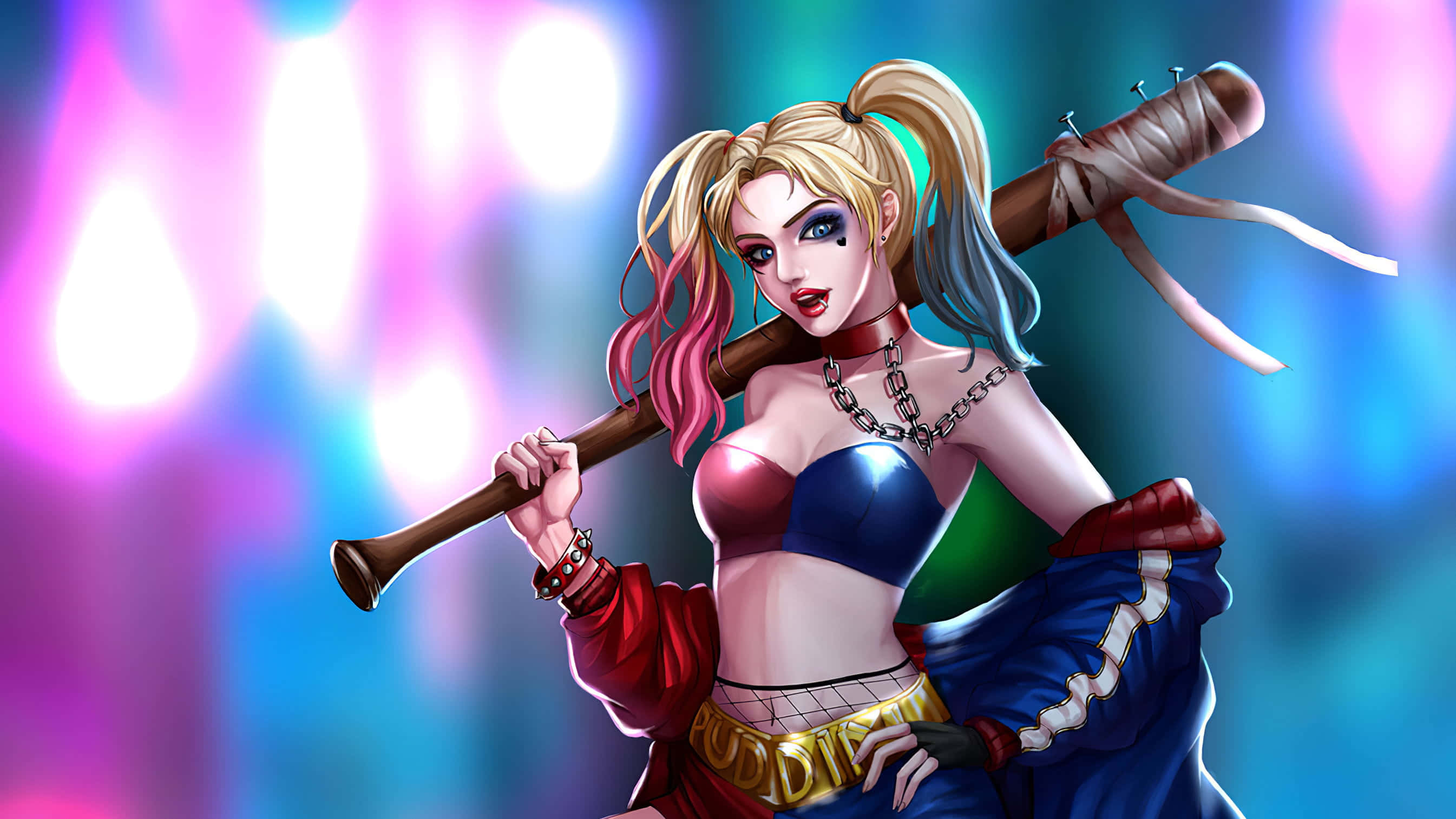 Harley Quinn Baseball Bat 桌布 壁紙 — 哈莉·奎茵自信地站在一個充滿粉紅色和藍色散景霓虹燈光的背景前，手持棒球棍。