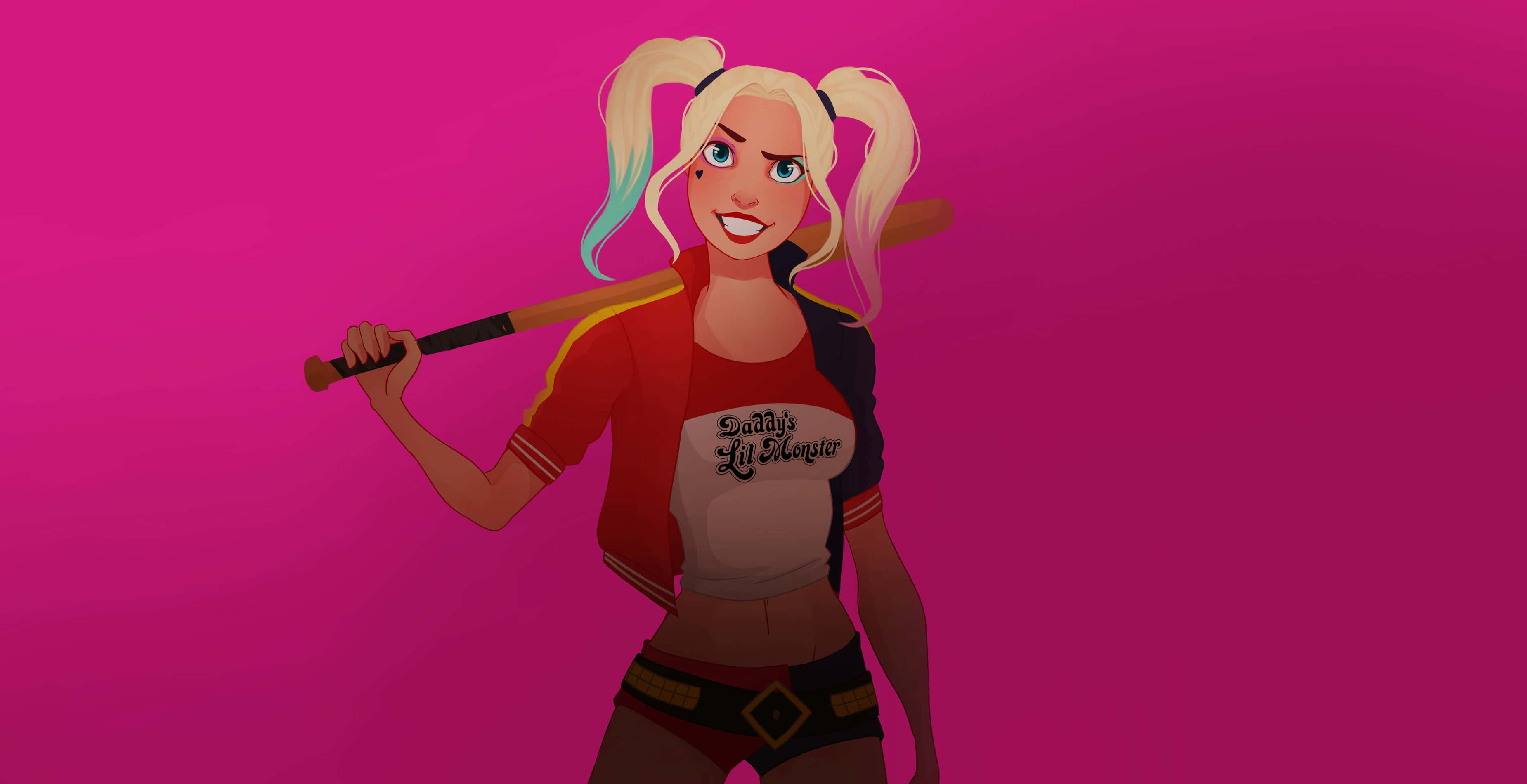 Harley Quinn Baseball Bat 桌布 壁紙 — 哈莉·奎茵自信地站在充滿活力的粉紅色背景前，肩上扛著一支棒球棍。
