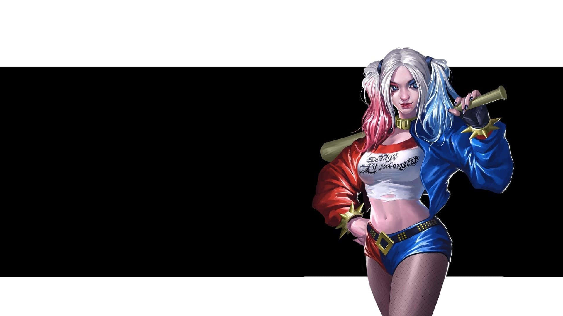 Harley Quinn Baseball Bat 桌布 壁紙 — 哈莉·奎茵自信地站在純黑背景前，手持棒球棍，展現她標誌性的彩色頭髮和大膽服裝。