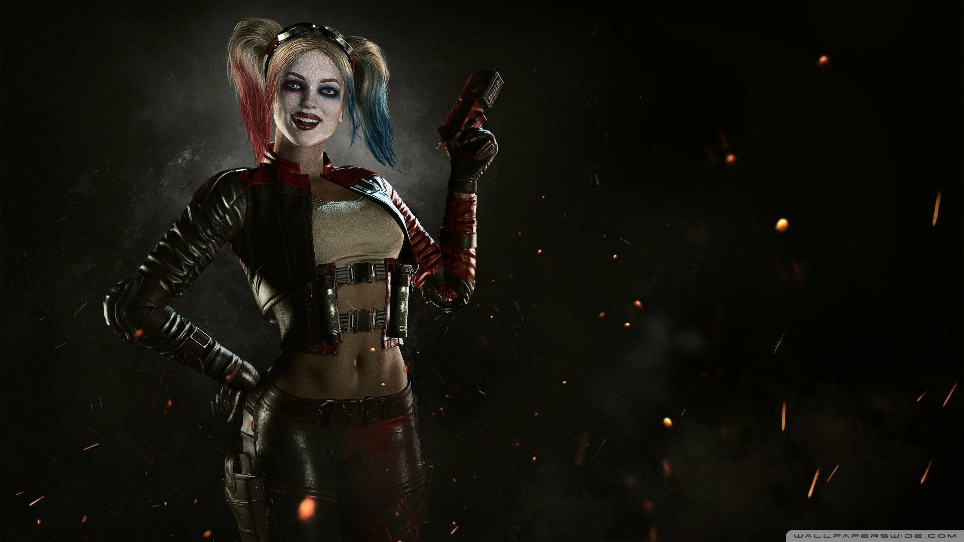Harley 桌布 壁紙 — 哈莉·奎茵自信地站在黑暗煙霧彌漫的環境中，火花四濺，手持槍支。