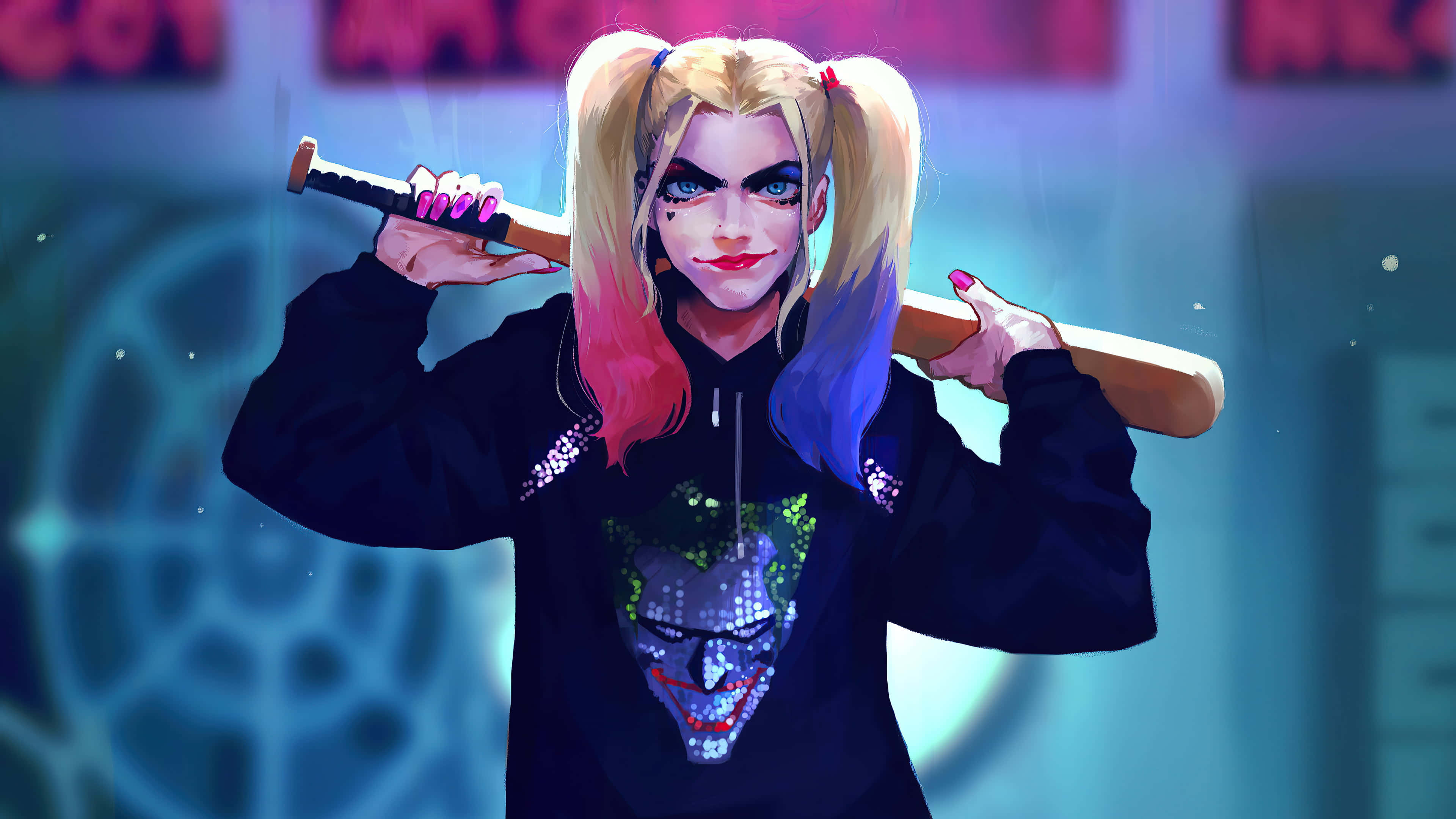 Harley Quinn Baseball Bat 桌布 壁紙 — 哈莉·奎茵自信地站立，肩上扛著一支棒球棍，背景是霓虹燈閃爍的城市景觀。