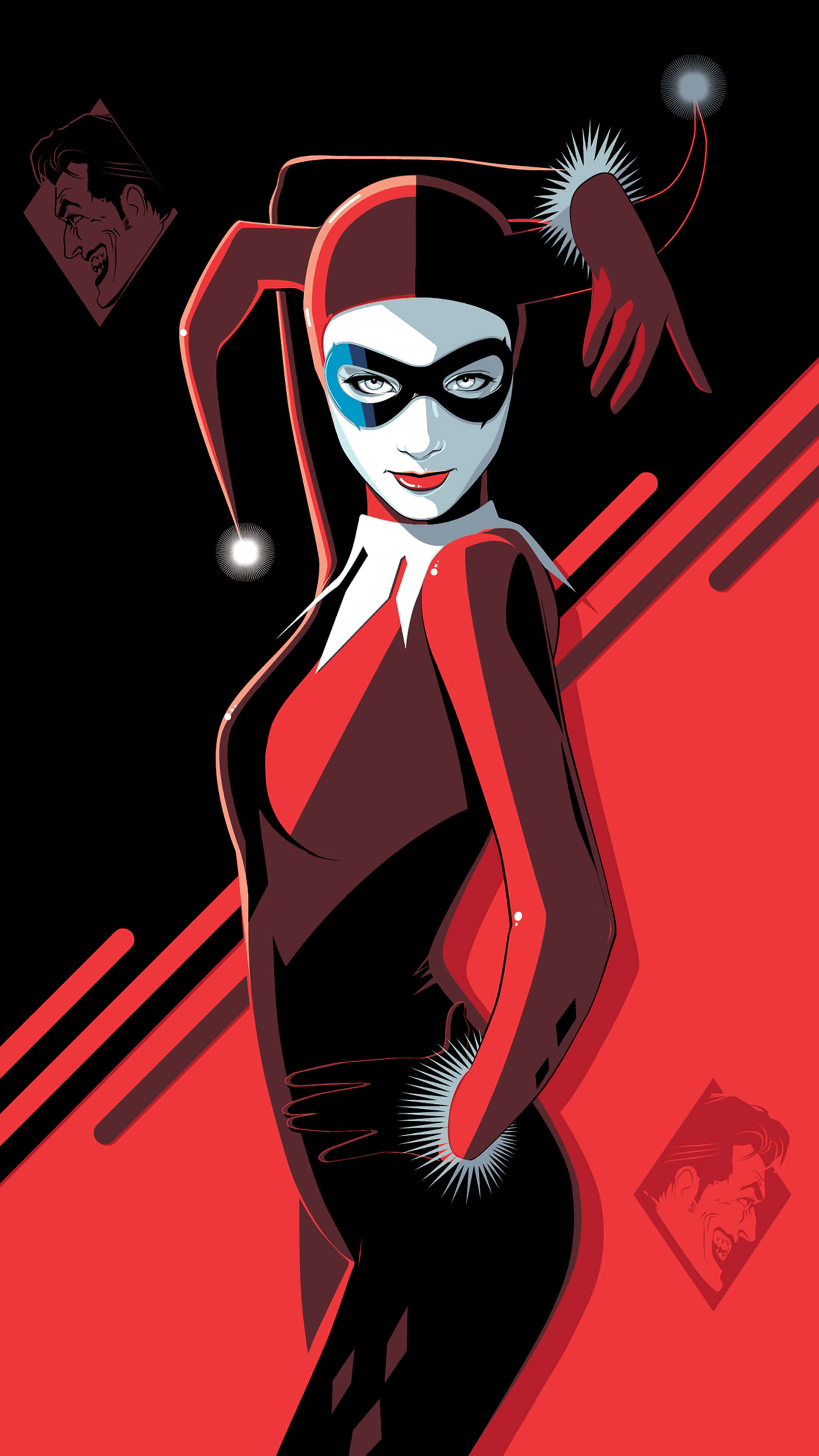 Classic Harley Quinn 桌布 壁紙 — 哈莉·奎茵自信地站立，身穿大膽的紅黑小丑服，背景是鮮明的紅黑色，並有浮動的鑽石肖像。