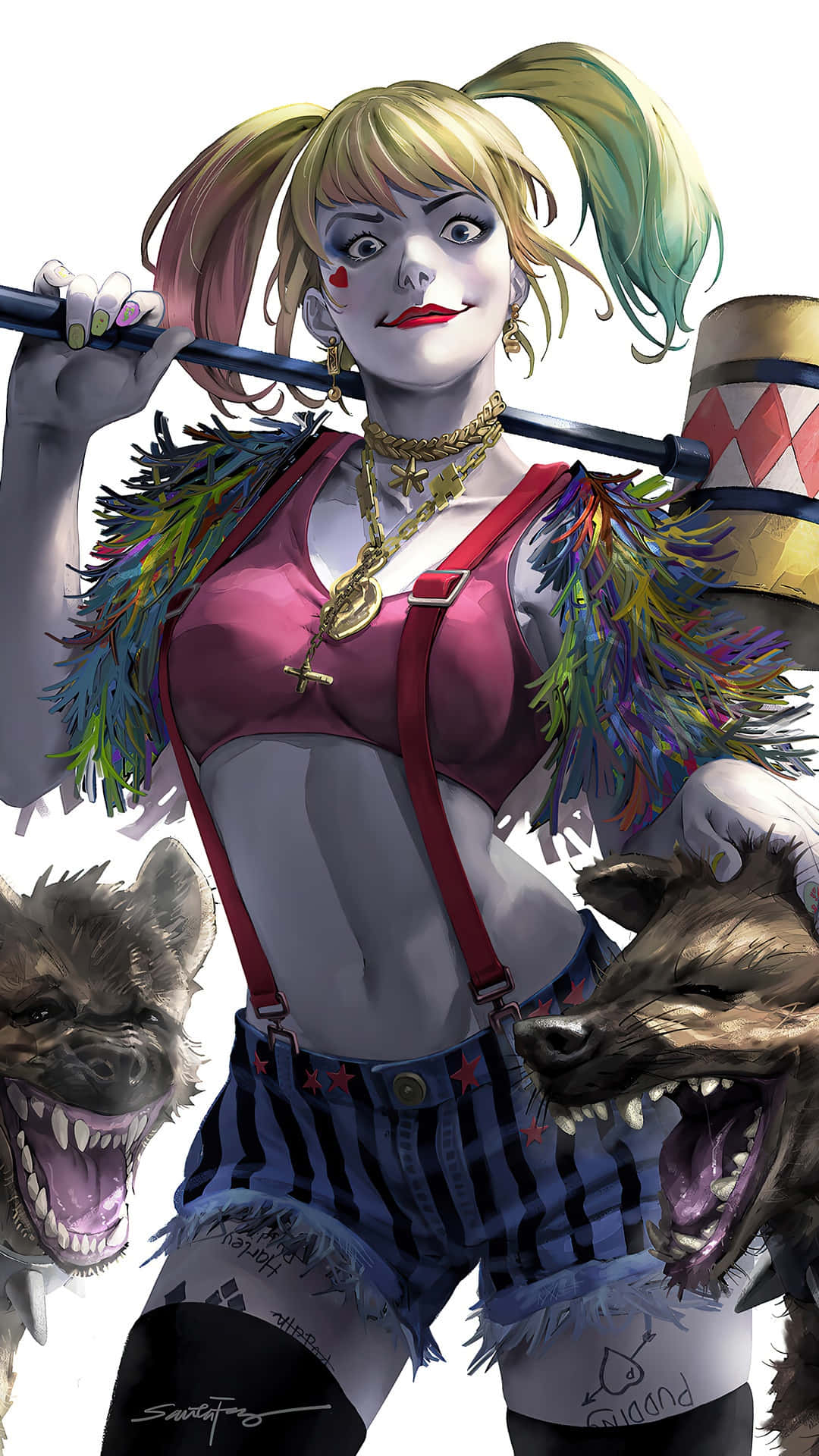 Harley Quinn Hammer 桌布 壁紙 — 哈莉·奎茵自信地站著，兩隻咆哮的鬣狗在她身邊，肩上扛著一把大錘，呈現出充滿活力、風格化的插圖。