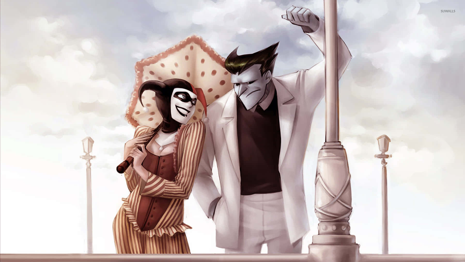 The Joker Comic 桌布 壁紙 — 哈莉·奎茵與小丑一起站在多雲的天空下，在城市的街道上撐著傘。