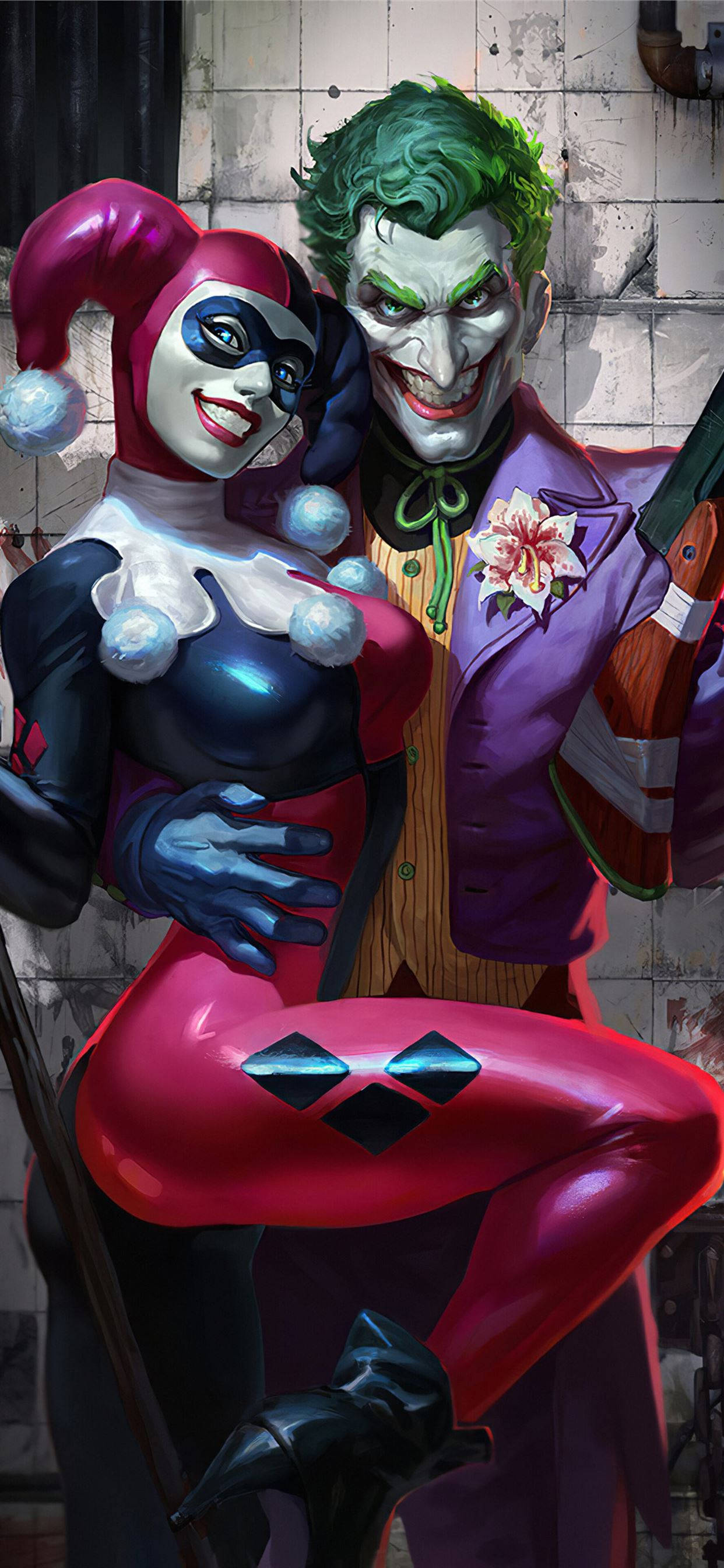 Harley 桌布 壁紙 — 哈莉·奎茵與小丑在粗糙的混凝土牆前親密擺姿勢，呈現出充滿活力的漫畫插圖。
