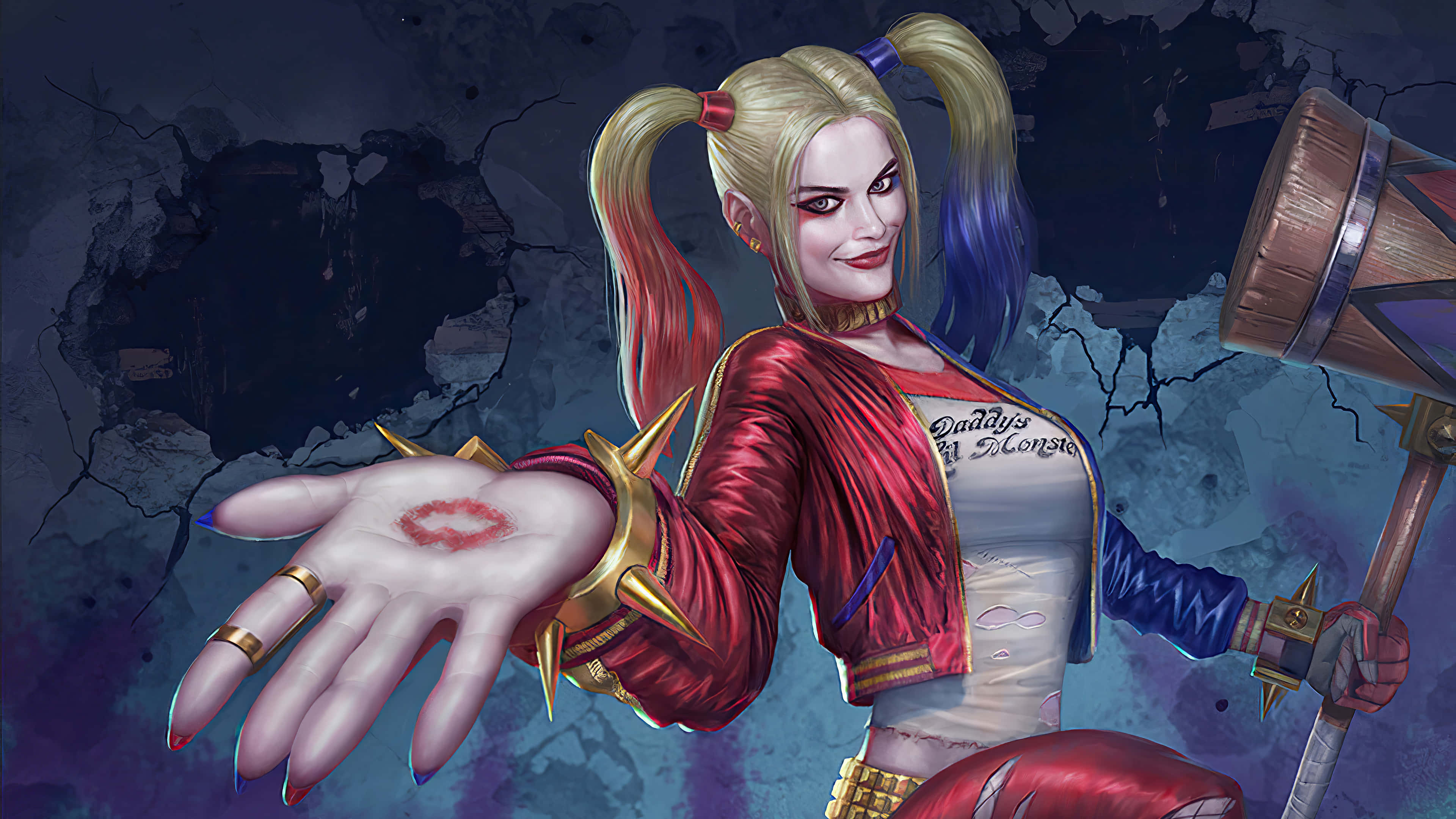 Harley Quinn Hammer 桌布 壁紙 — 哈莉·奎茵身穿紅色外套、藍色雙馬尾，手持大錘，在裂紋牆壁背景前展示手掌上的唇印。