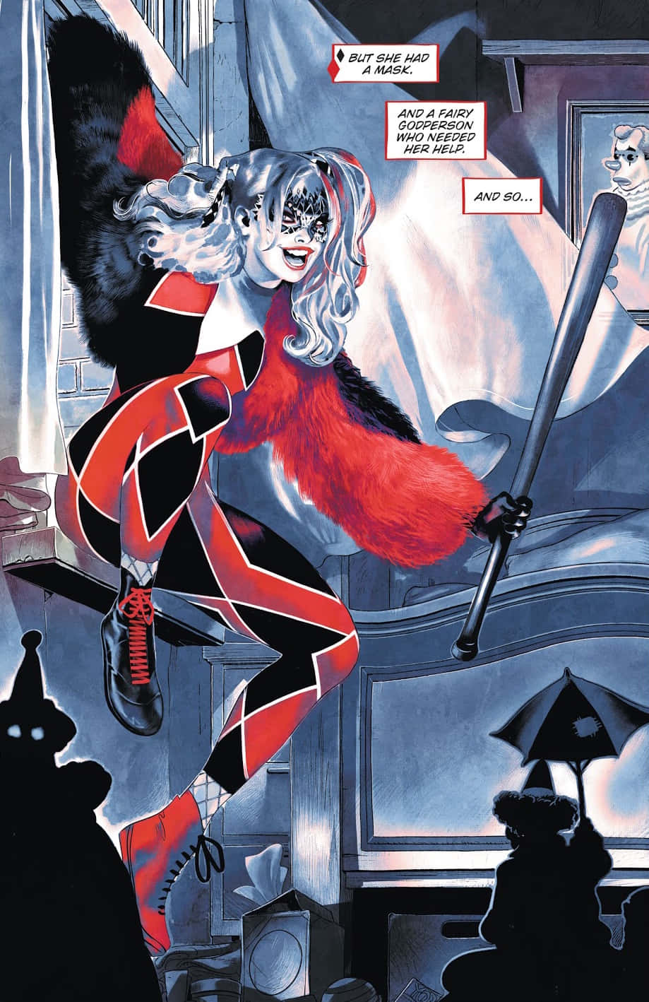 Harleen Quinzel 桌布 壁紙 — 哈莉·奎茵身穿紅黑小丑服，在雨中城市小巷中動態跳躍，下方有剪影人物。