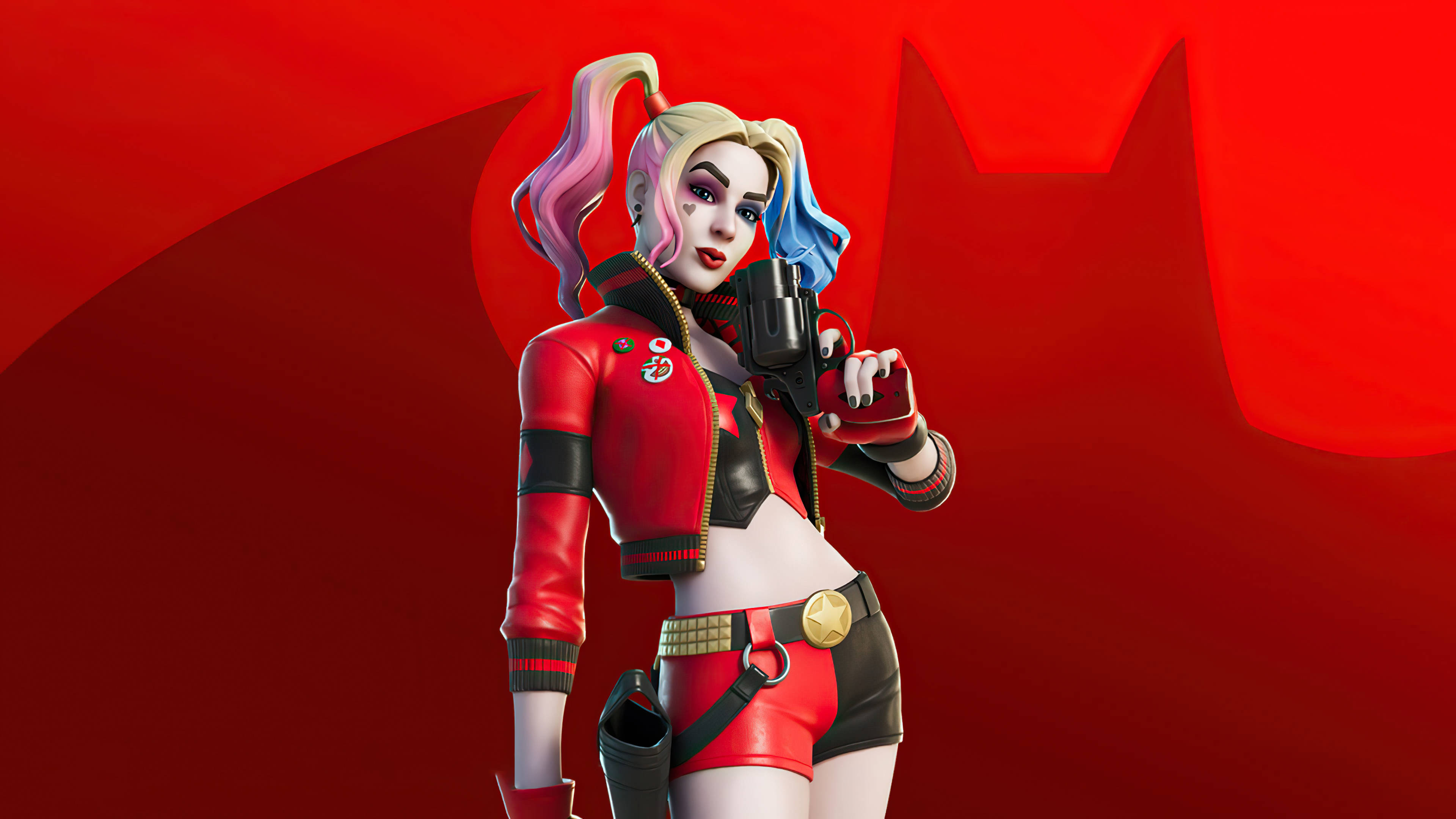 Fortnite iPad 桌布 壁紙 — 哈莉·奎茵身穿紅黑服裝，在帶有抽象形狀的醒目紅色背景前持槍。