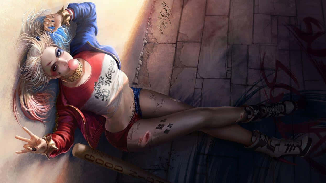 Harley Quinn Baseball Bat 桌布 壁紙 — 哈莉·奎茵躺在一個佈滿塗鴉的混凝土地板上，這是一幅充滿活力色彩和混亂能量的動態動漫插圖。