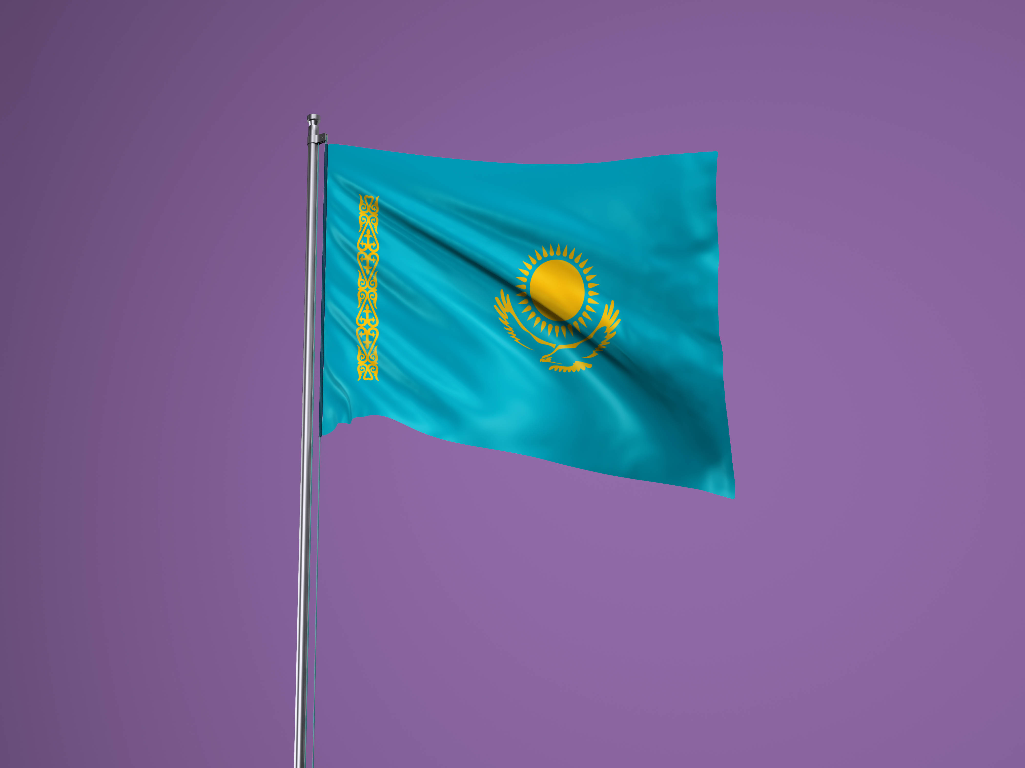 Kazakhstan 桌布 壁紙 — 哈薩克國旗在純紫色背景上優雅飄揚，配以金屬旗杆。