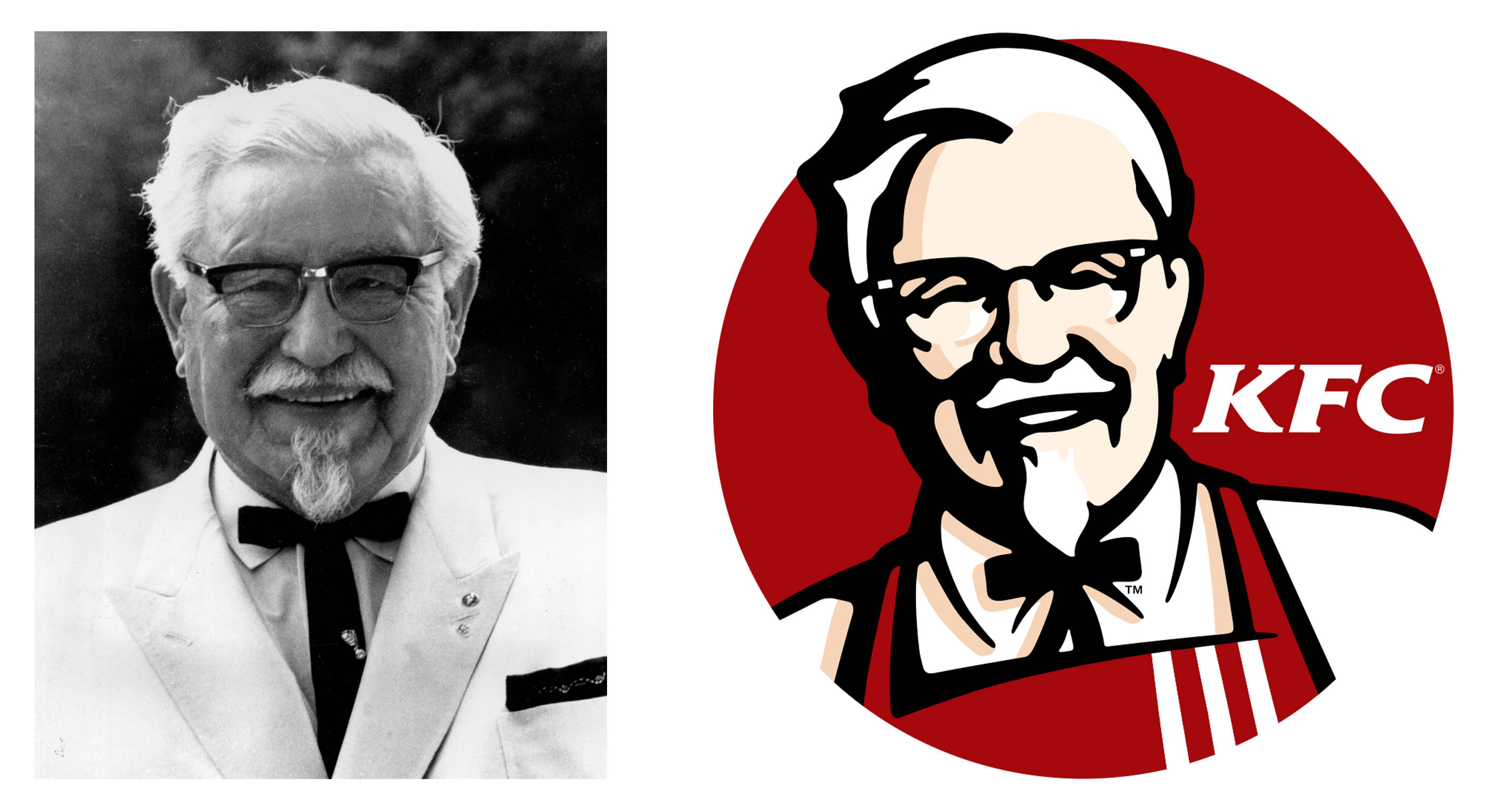 Kfc 桌布 壁紙 — 哈蘭·山德士上校的黑白肖像，旁邊是他標誌性的紅色圓形KFC標誌和白色蝴蝶結。